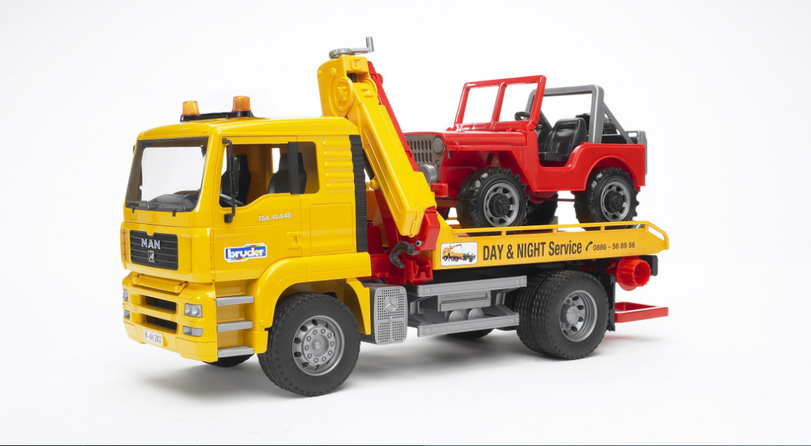 MAN TGS Tow Truck Loader w/ Off-Road Vehicle Jeep Bruder Toy Car Model 1/16 1:16