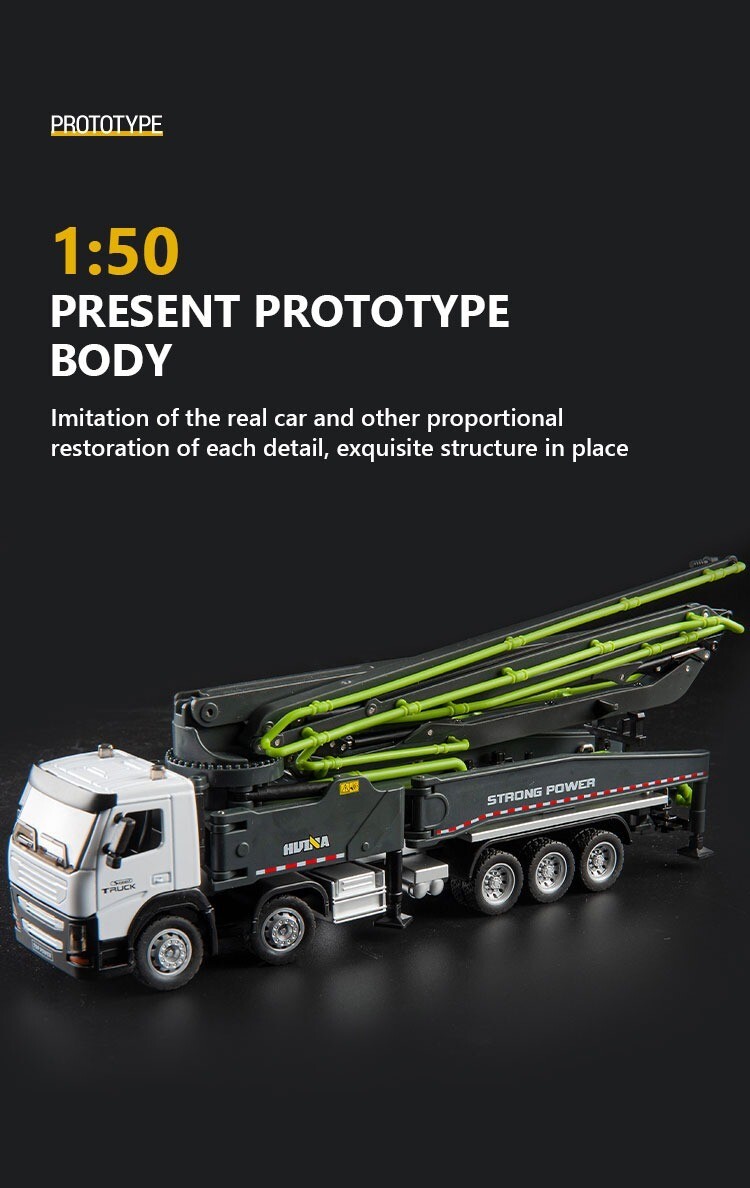 Huina 1:50 Concrete Pump Construction Vehicle Model Truck Alloy Movable Crane