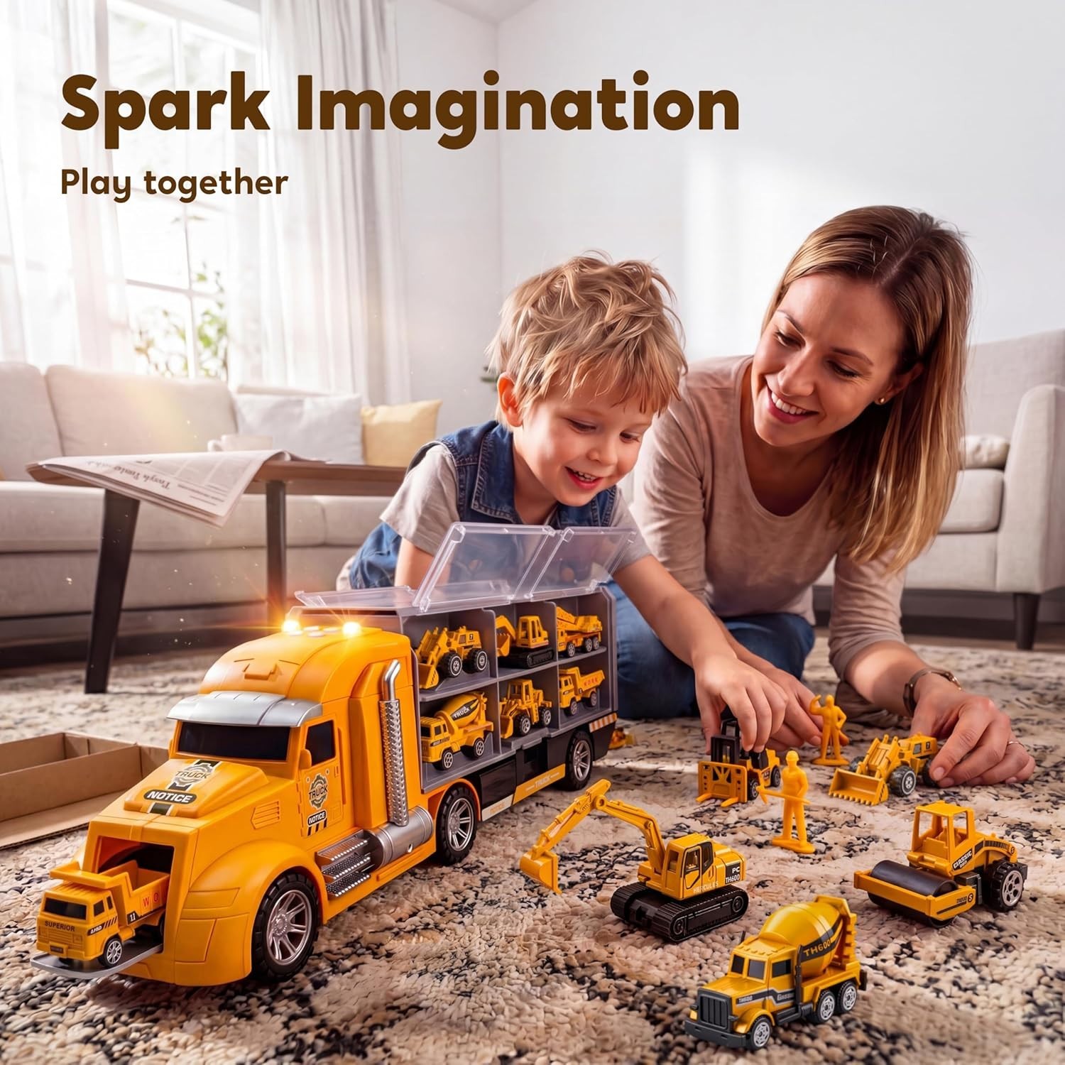 25-in-1 Construction Truck Toy Set 12 Vehicles 12 Figures Sound Light Durable