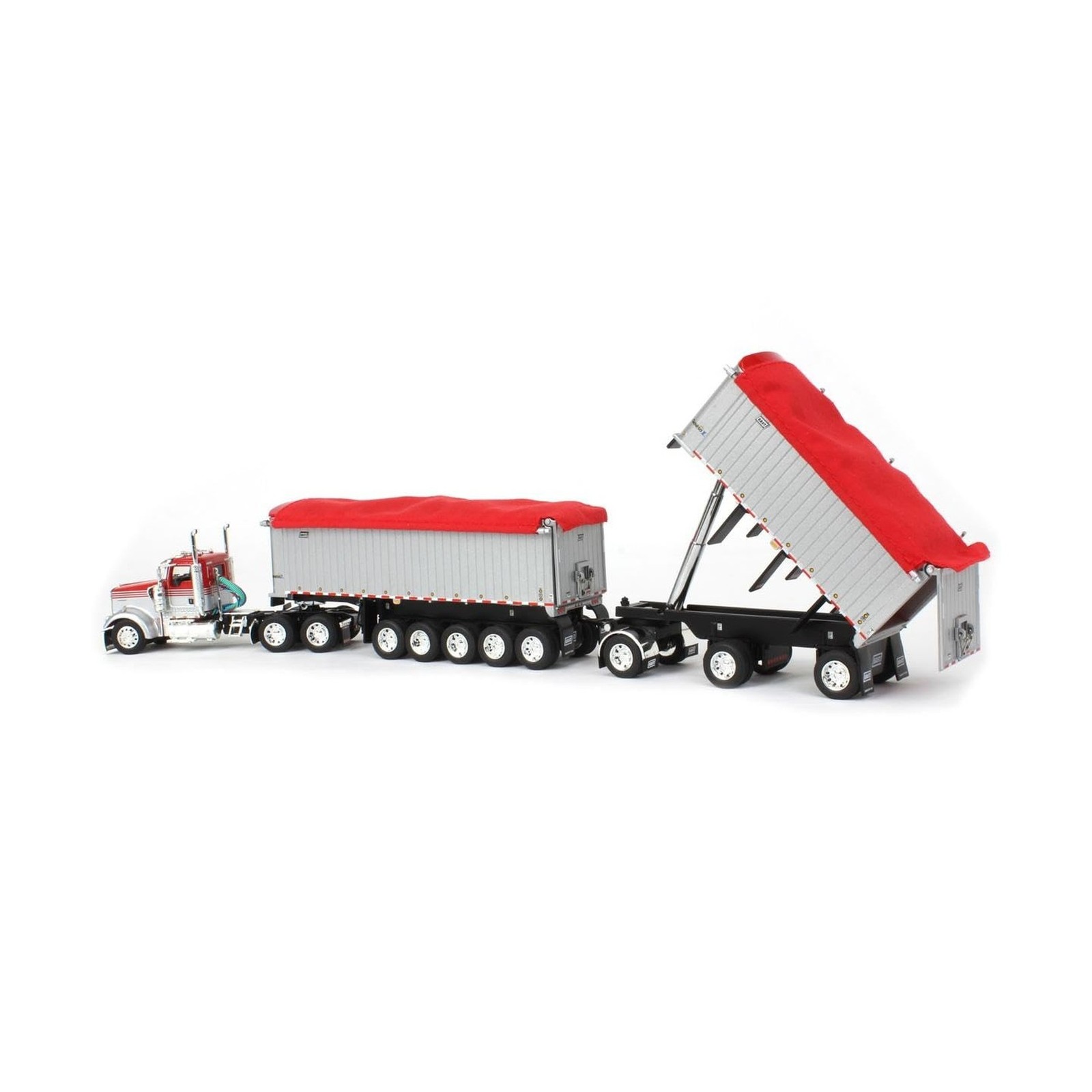 DCP 1/64 Viper Red/Silver Kenworth W900L w/ 31ft & 20ft End Dump Trailers, by…