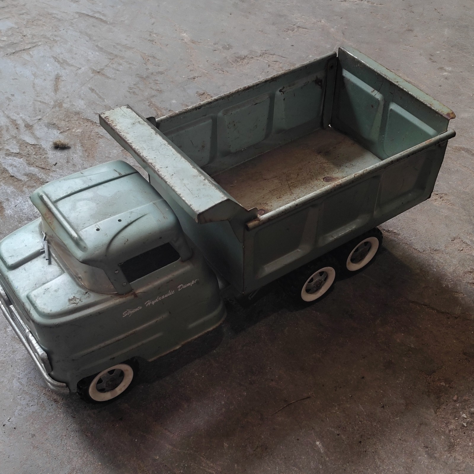Vintage Green Toy Dump Truck with Tilting Dump Bed