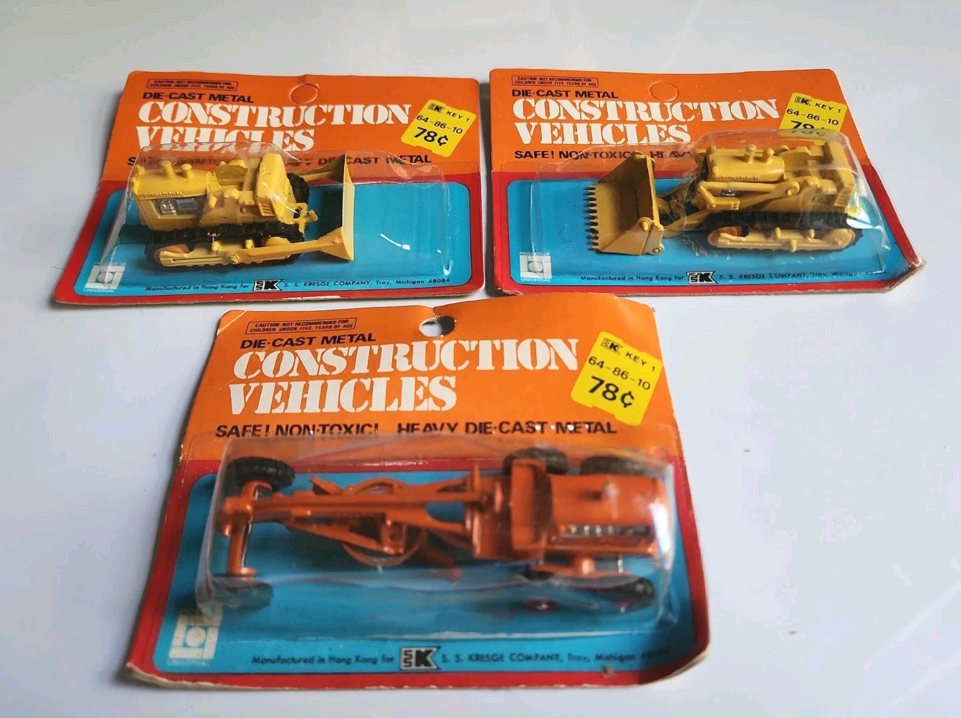 Vintage S.S. Kresge Diecast Construction Vehicles Dozer Loader Grader for Kmart