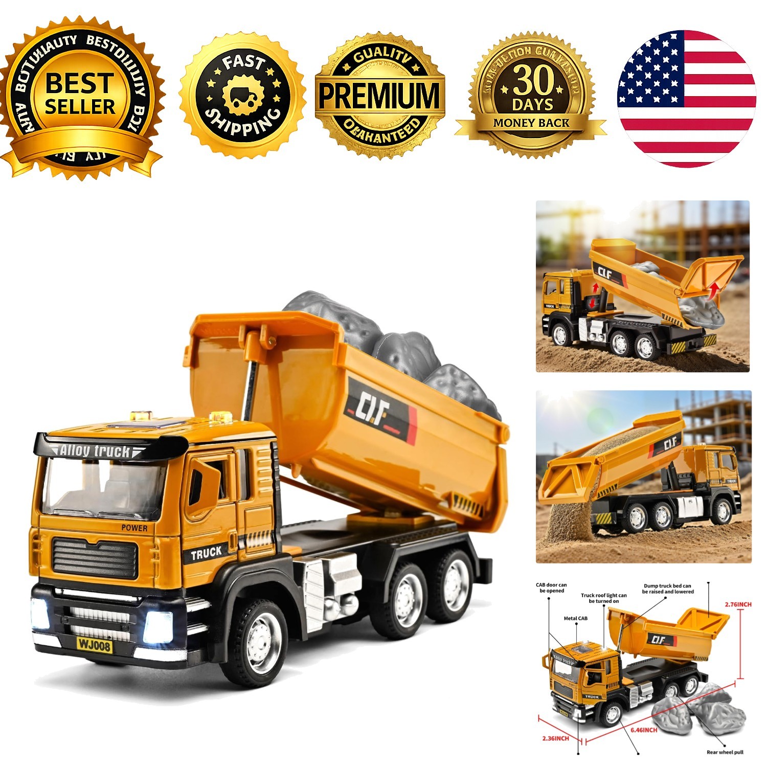 Dump Truck Toy Metal Diecast Pull Back Construction Vehicle Lights Sounds Boys