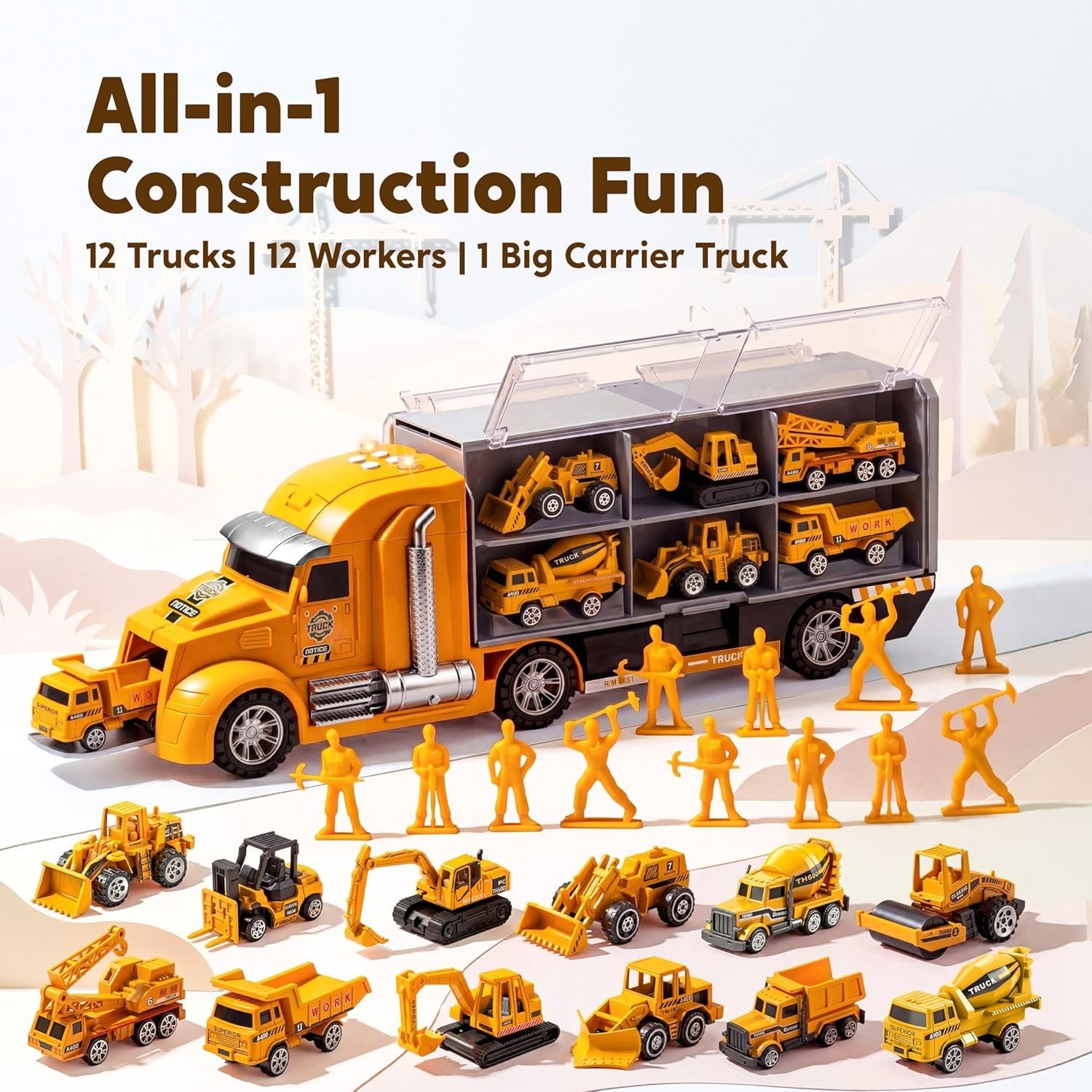 25-in-1 Construction Truck Toy Set 12 Vehicles 12 Figures Sound Light Durable
