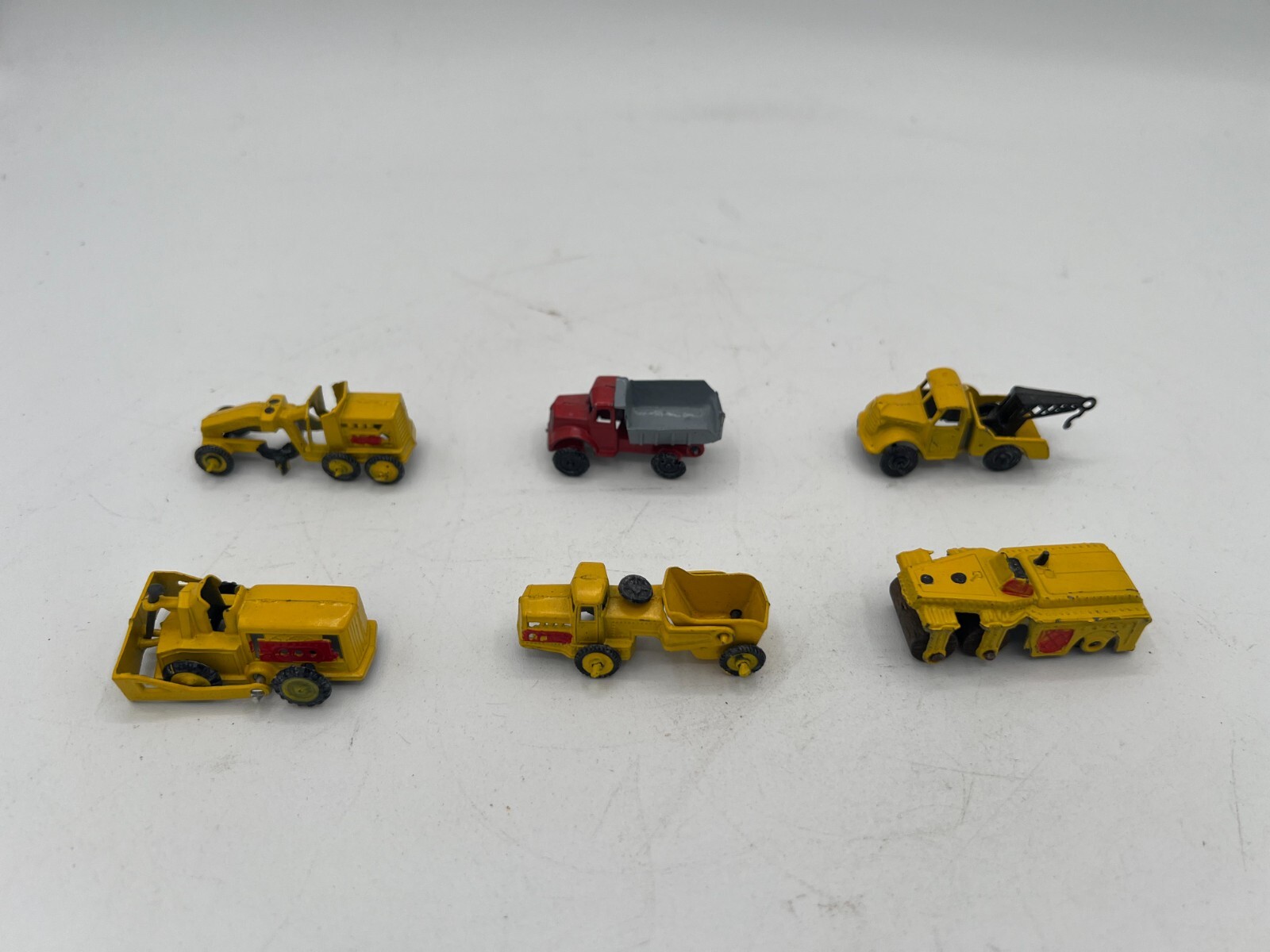 6 Vintage Diecast Road Work Toys Bull Dozer Tow Truck Grater Roller / Japan