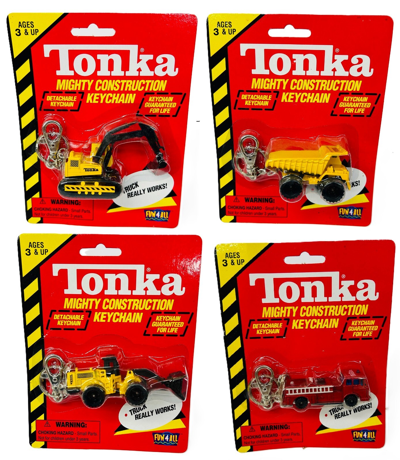 Bundle: 4 NOS Tonka Mighty Const Keychains | Toy Trucker & Contractor