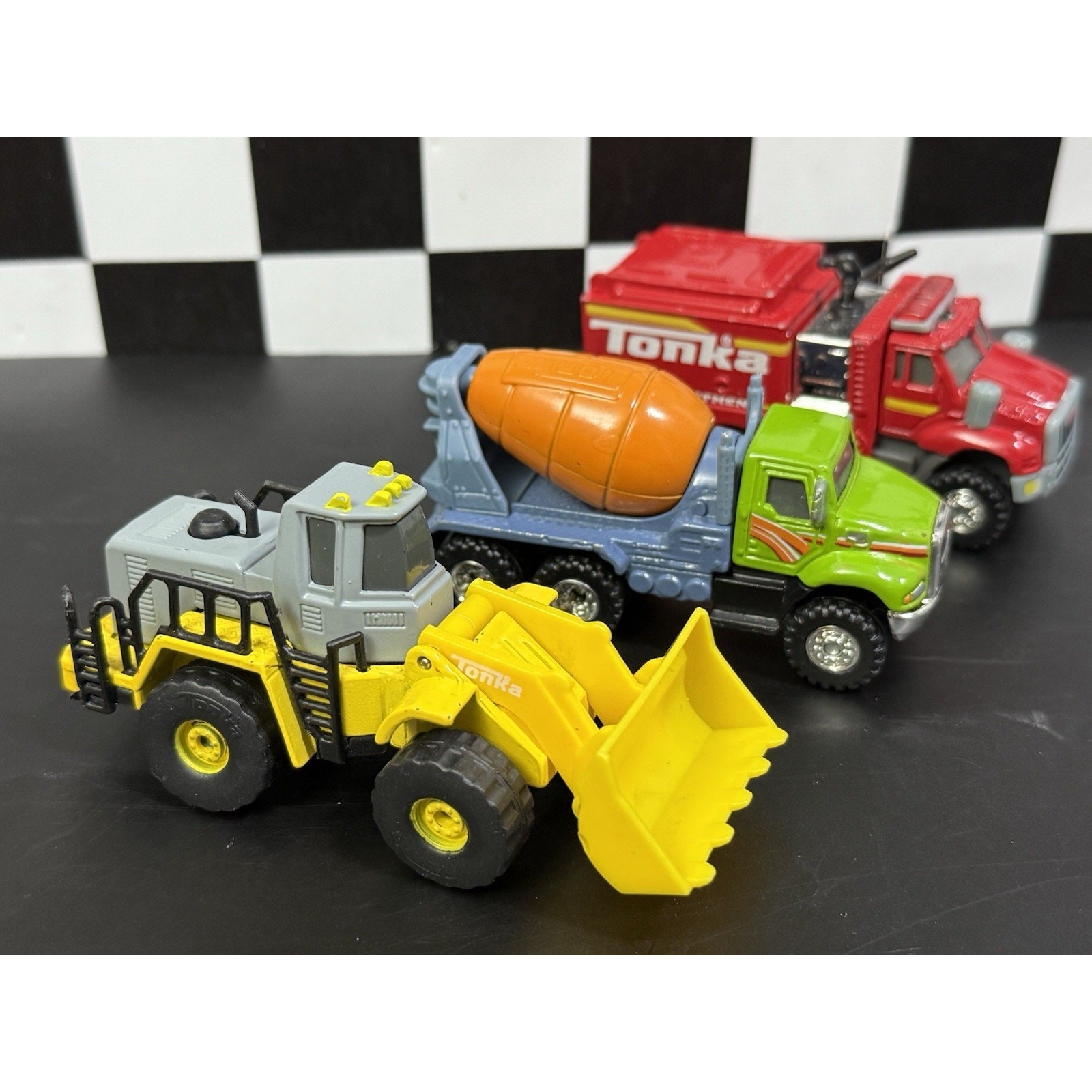 Tonka Lot of 3 Construction Trucks Cement Mixer, Bulldozer, Fire Truck