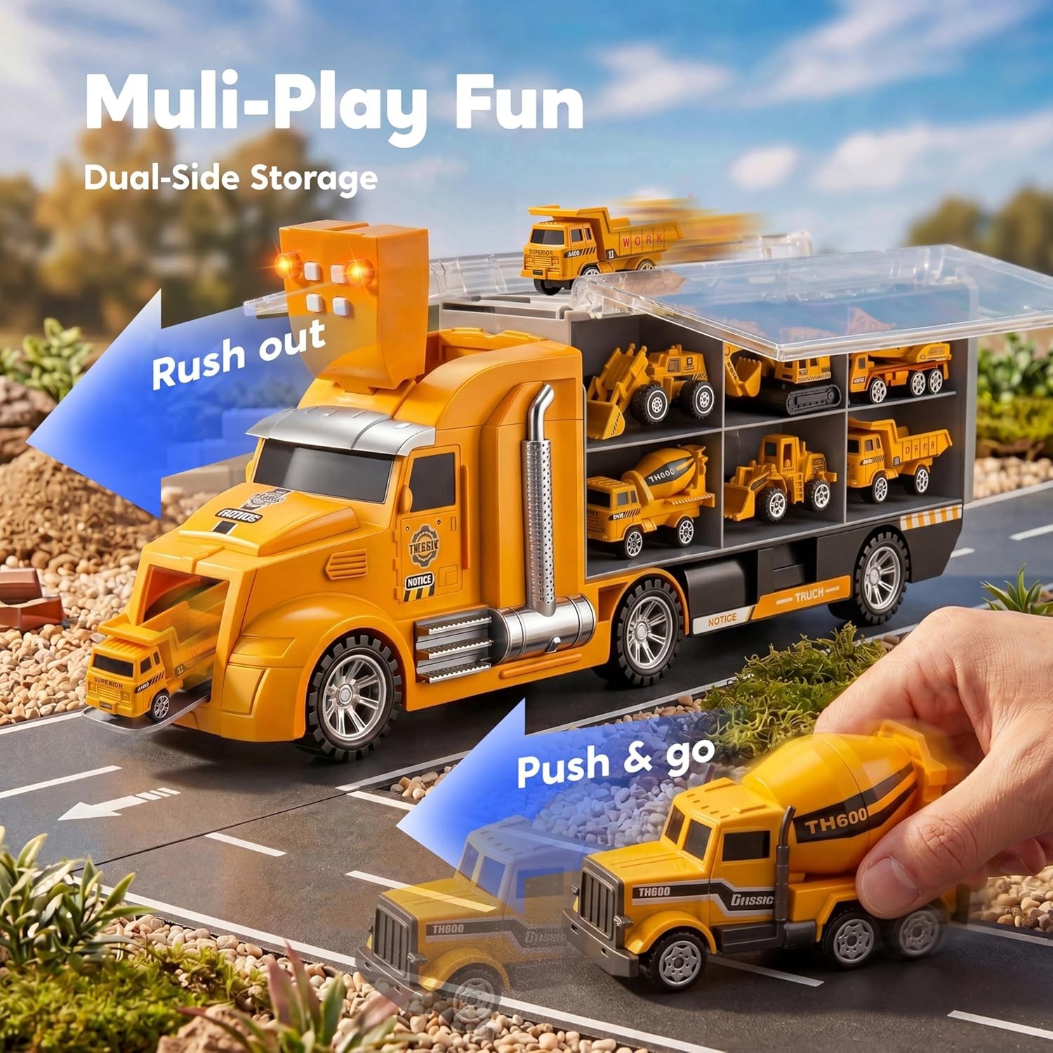 25-in-1 Construction Truck Toy Set 12 Vehicles 12 Figures Sound Light Durable