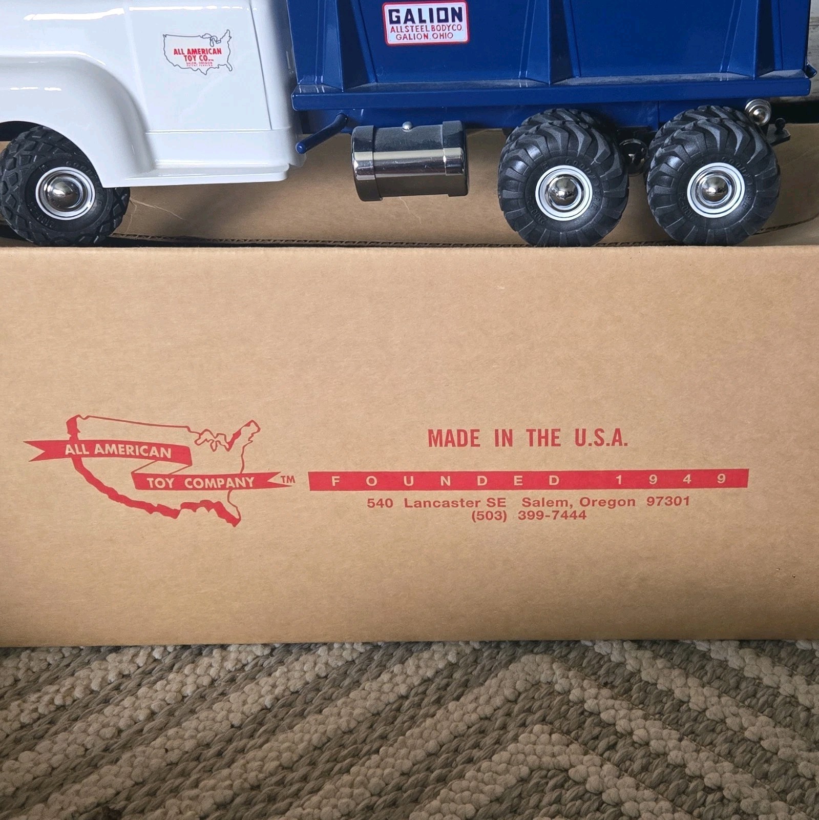 All American Toy Co. Galion Dump Truck Toy White/Blue/Tan Made in USA