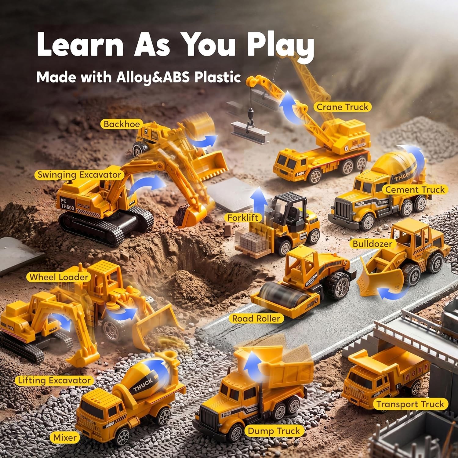 25-in-1 Construction Truck Toy Set 12 Vehicles 12 Figures Sound Light Durable