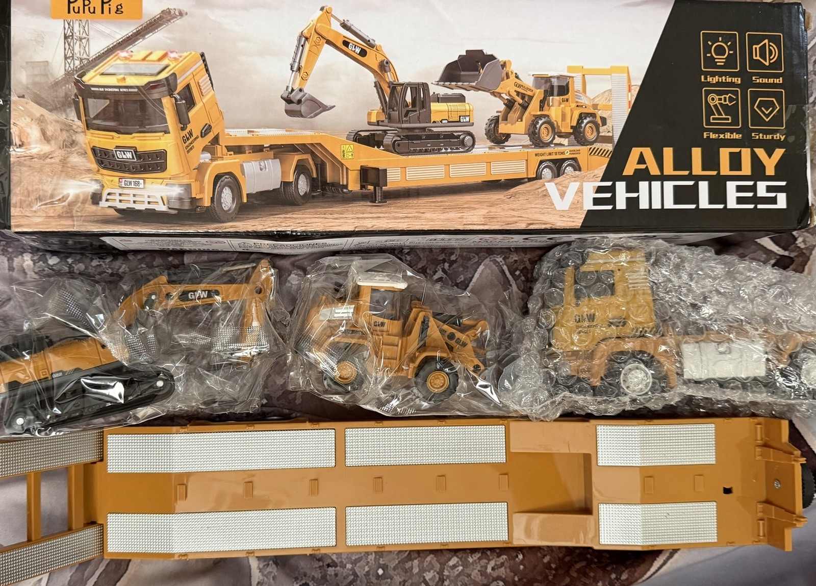 Alloy DieCast Construction Vehicles Toy Set w/Semi Truck, Excavator Loader Open