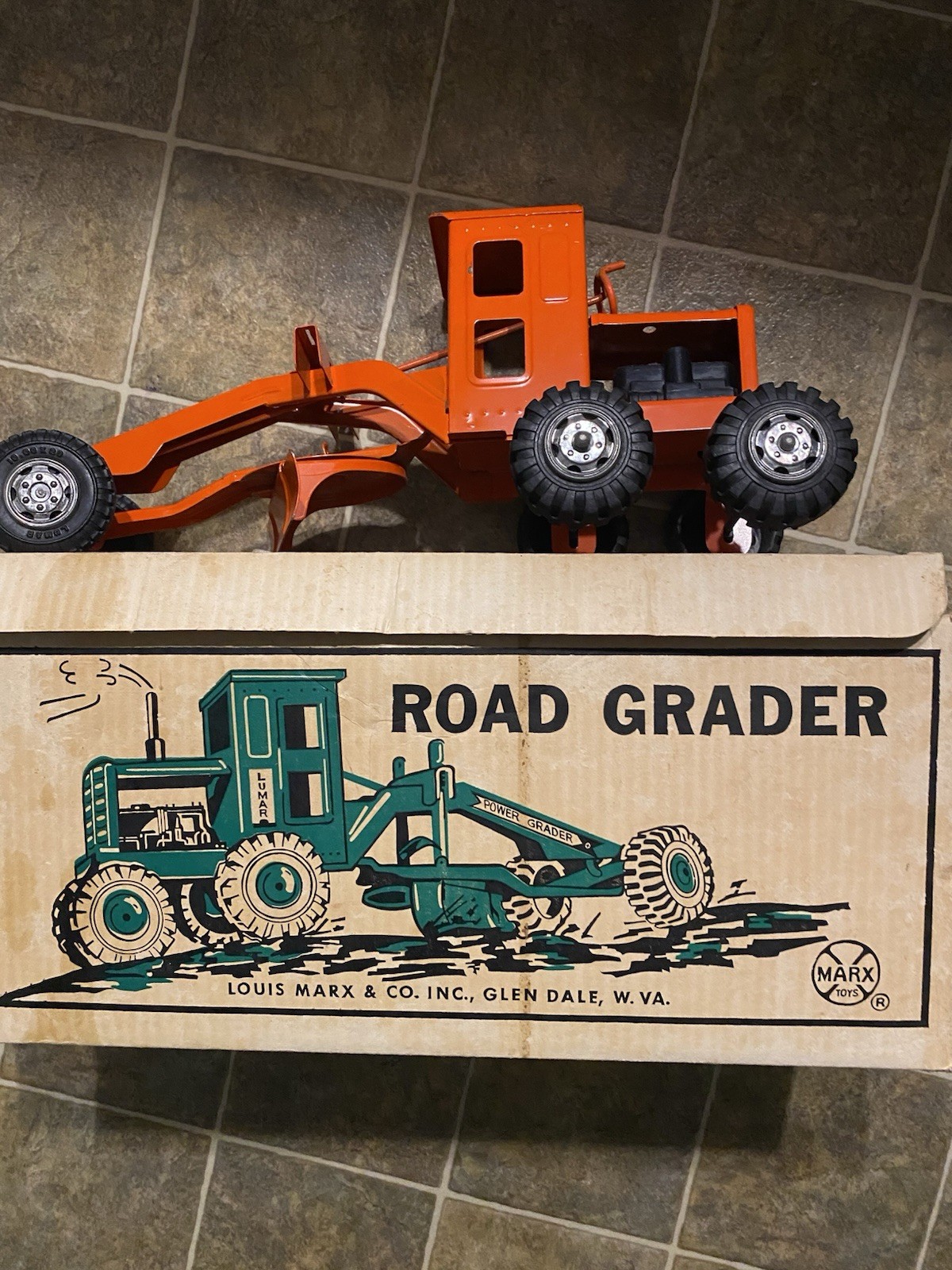 Marx Vintage Diecast Road Grader Toy w/ Box Orange & Black Construction