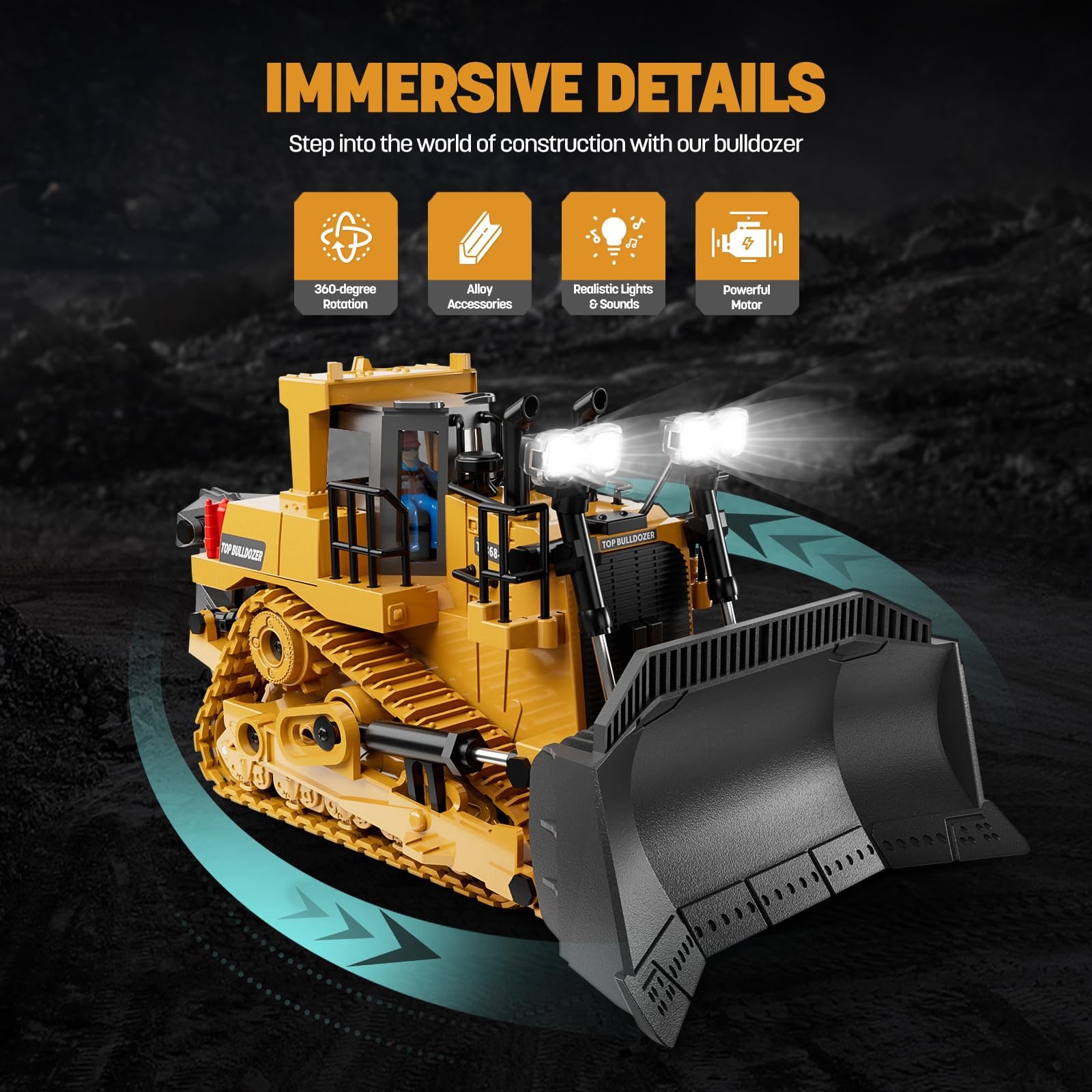 9-Channel Metal RC Bulldozer – Realistic Remote Control Kids Construction Play T