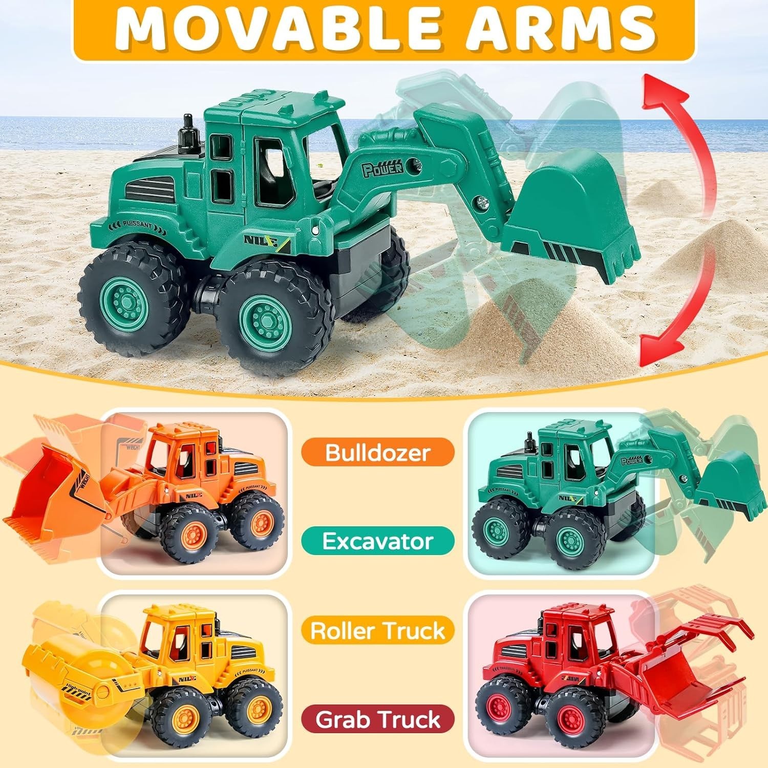 Friction Powered Construction Truck Toys 4-Pack Excavator Bulldozer Kids Boys