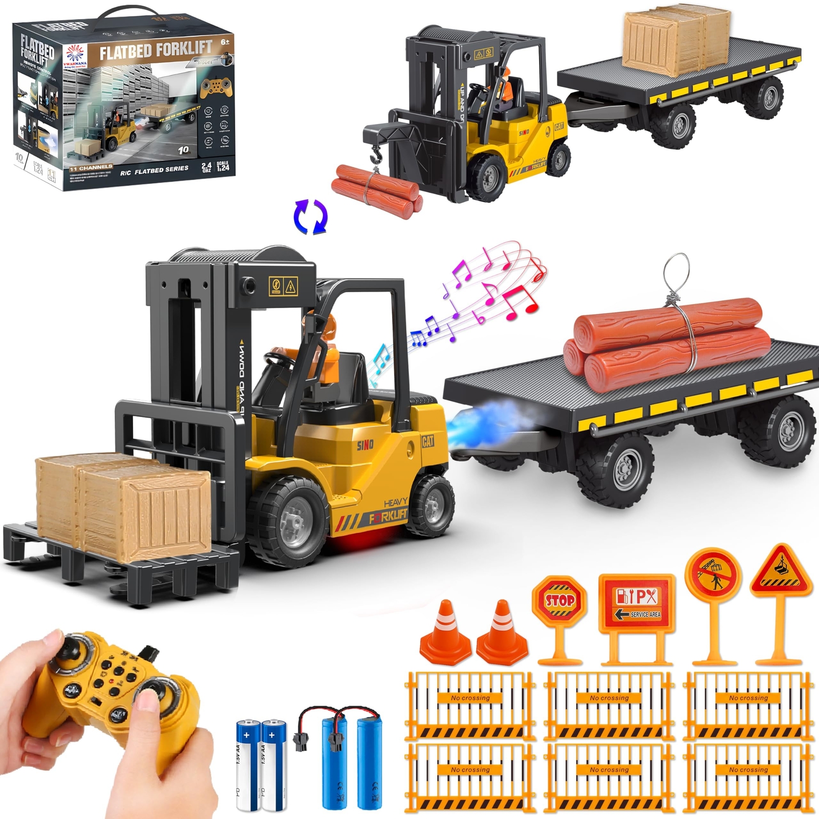 RC Forklift Toy with Trailer, Kids Forklift Construction Toys Set with Flatbe…