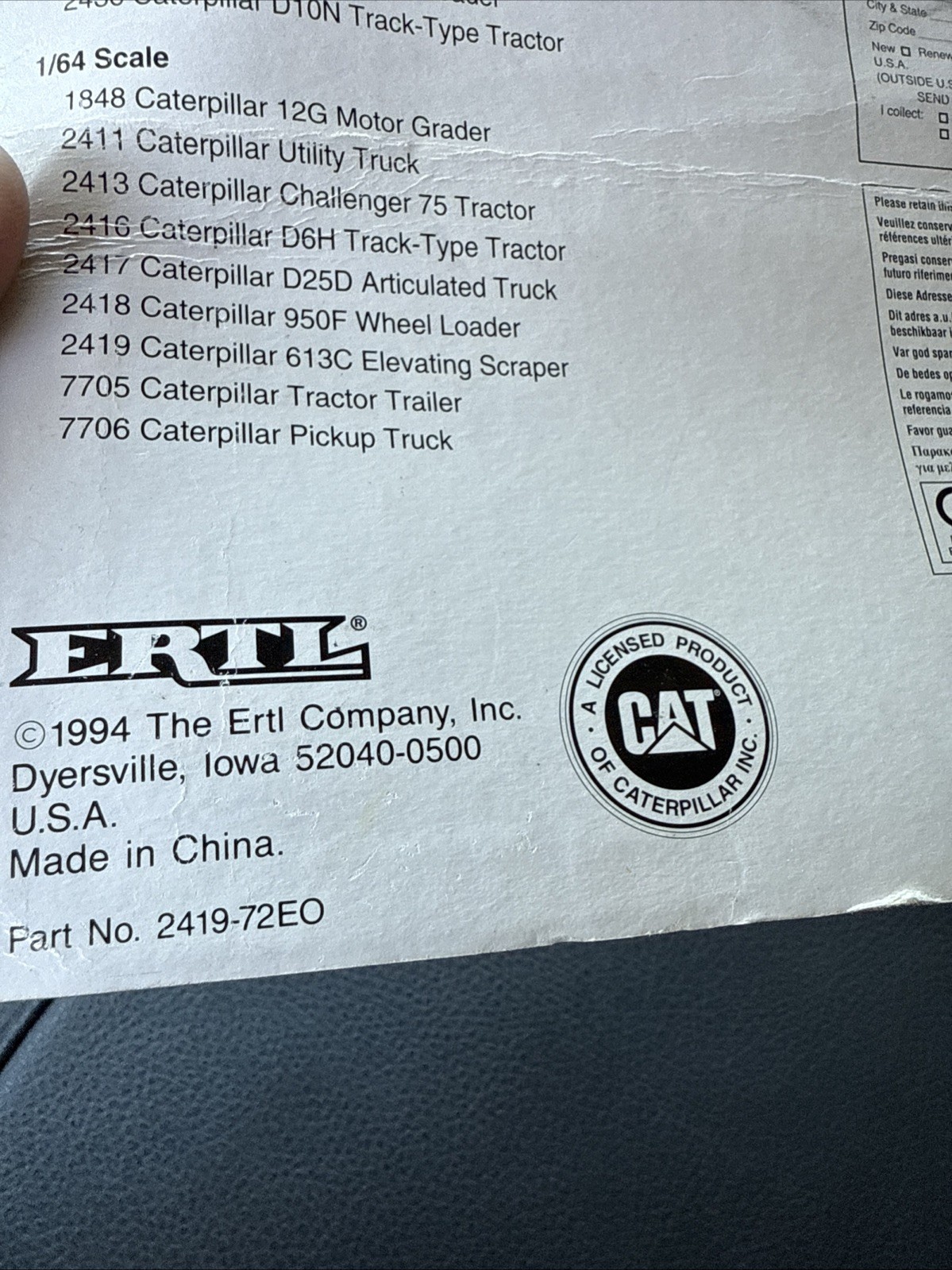 VTG 1994 Ertl Caterpillar 613C Elevating Scraper 1/64 Scale Die Cast