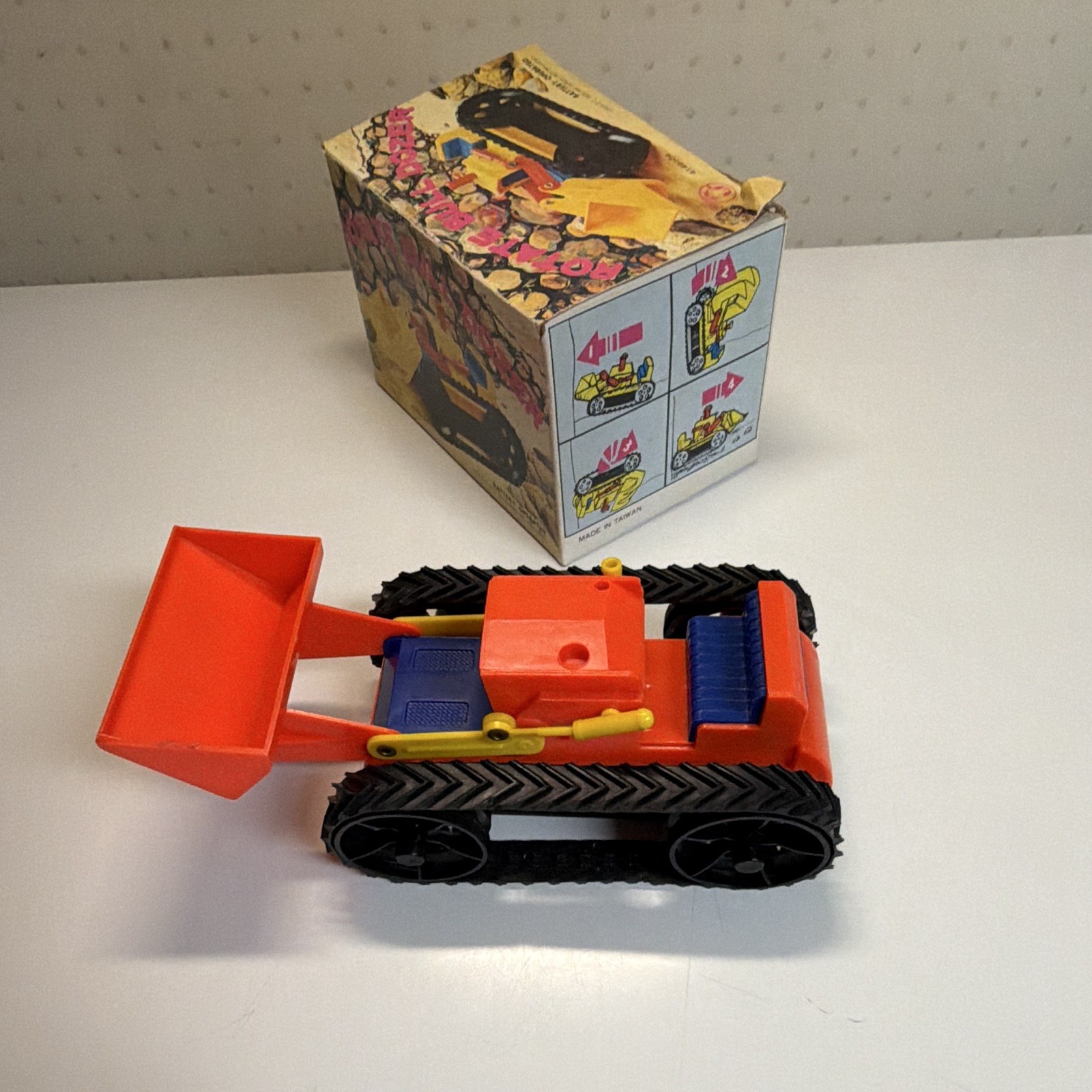 Battery Operated Plastic Toy Bulldozer, Boxed, Orange/Blue/Yellow/Black