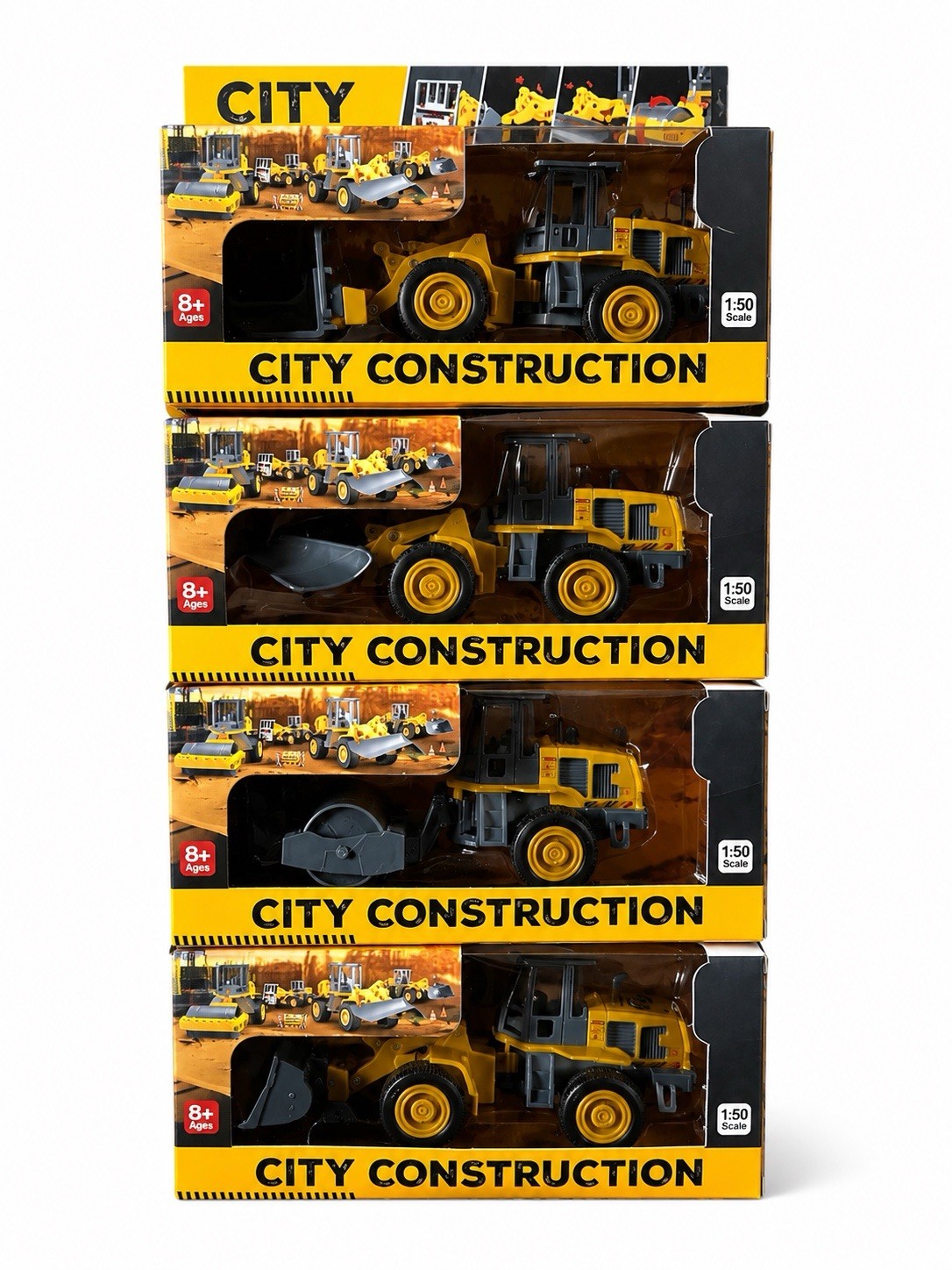 4PCS City Construction Vehicle Set 1:50 Scale Bulldozer Loader Road Roller Toy