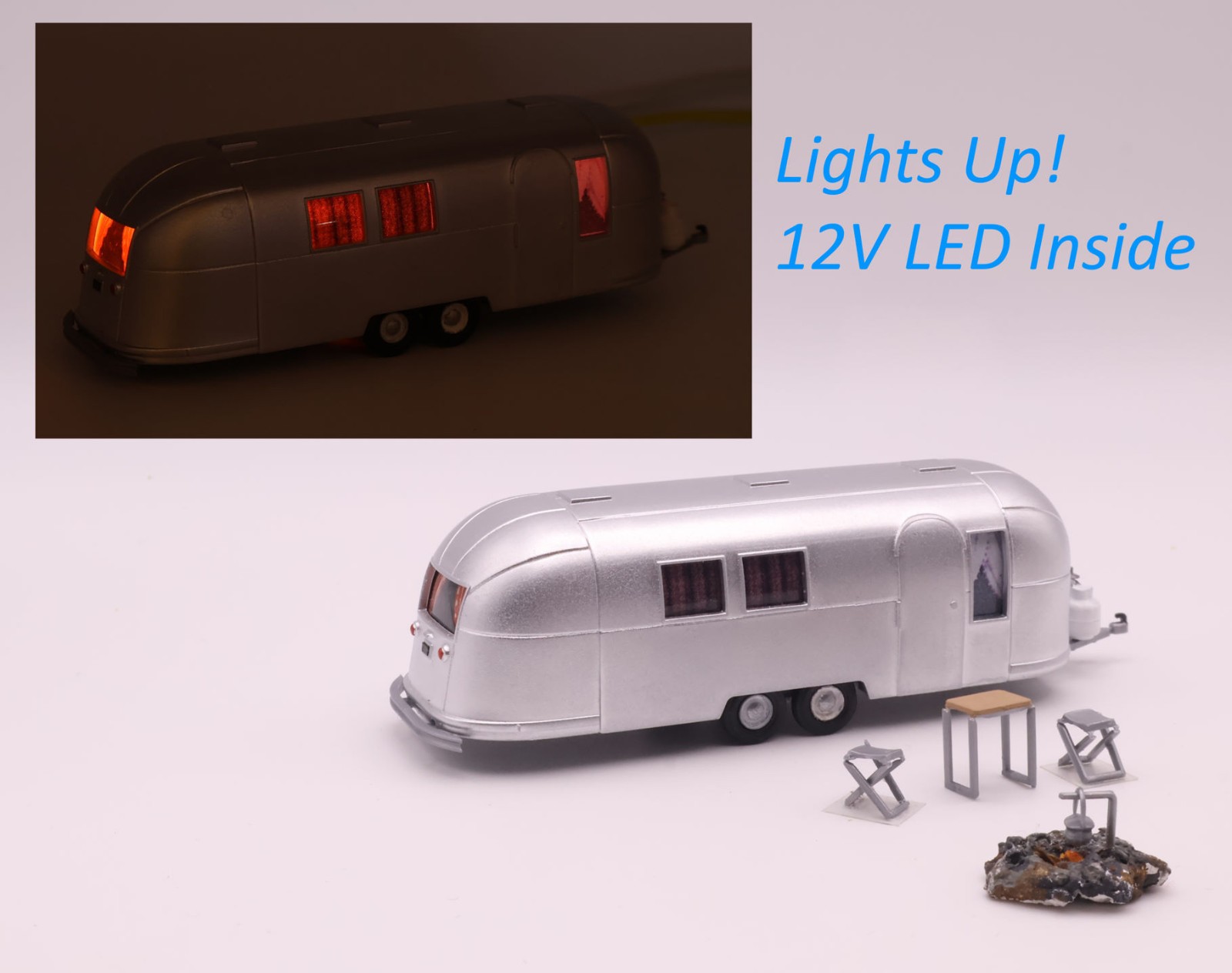 HO Scale Airstream 2-Axle Lighted Camper Accessory Bundle