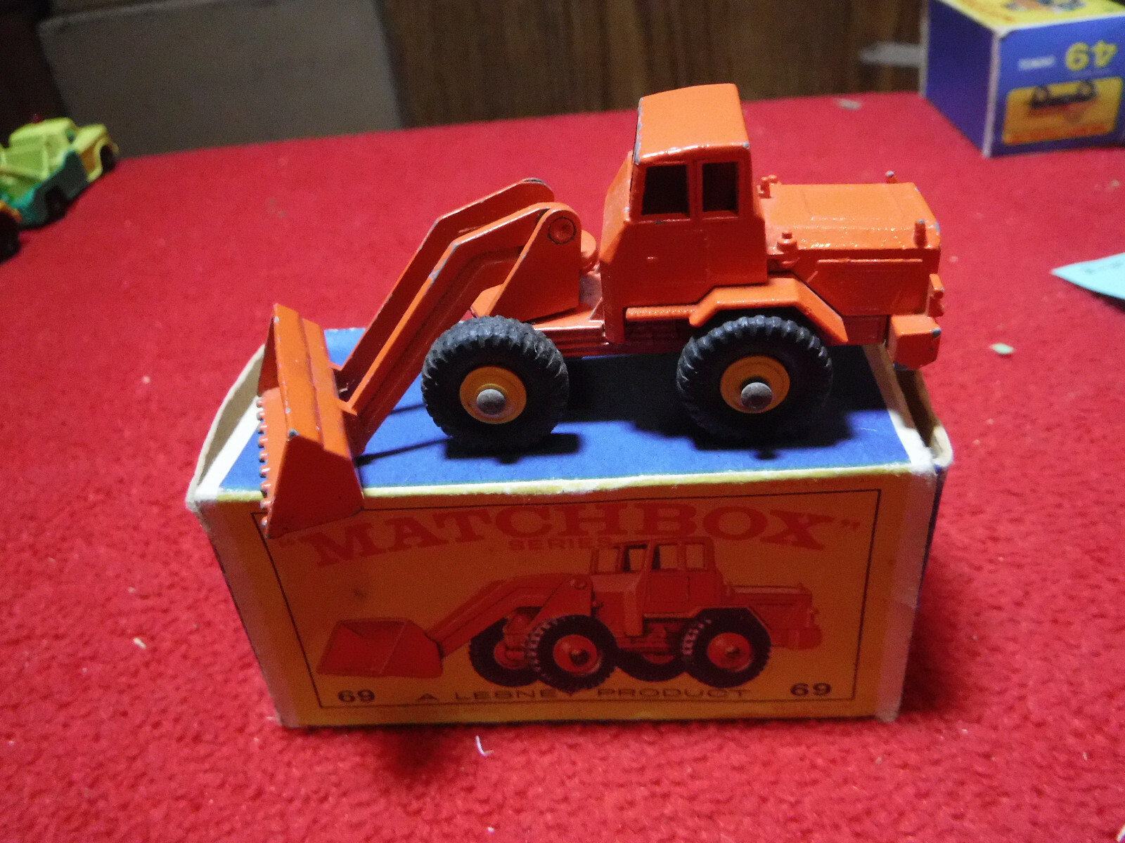 Vintage Lesney Matchbox Hatra Tractor Shovel #69 Solid Orange in Original Box