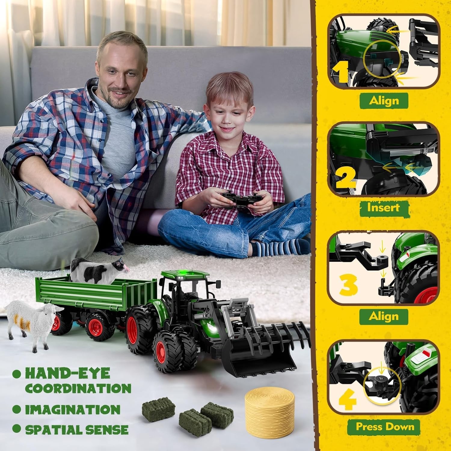 Realistic 8-Wheel RC Tractor with Metal Loader & Lights – Perfect Gift for Kids