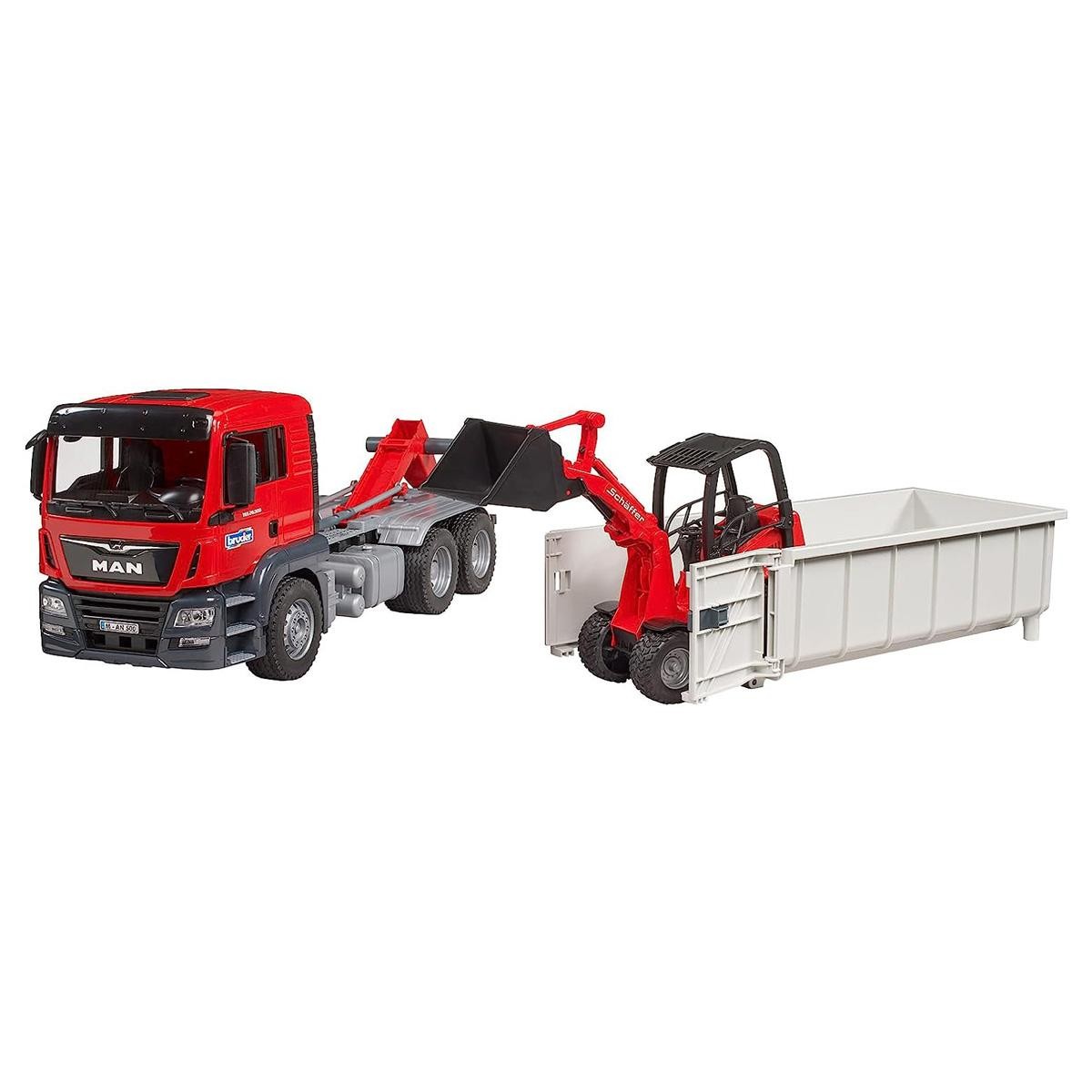 Bruder 1/16 Man TGS Truck w/ Roll Off Container & Schaffer Compact Loader 03767