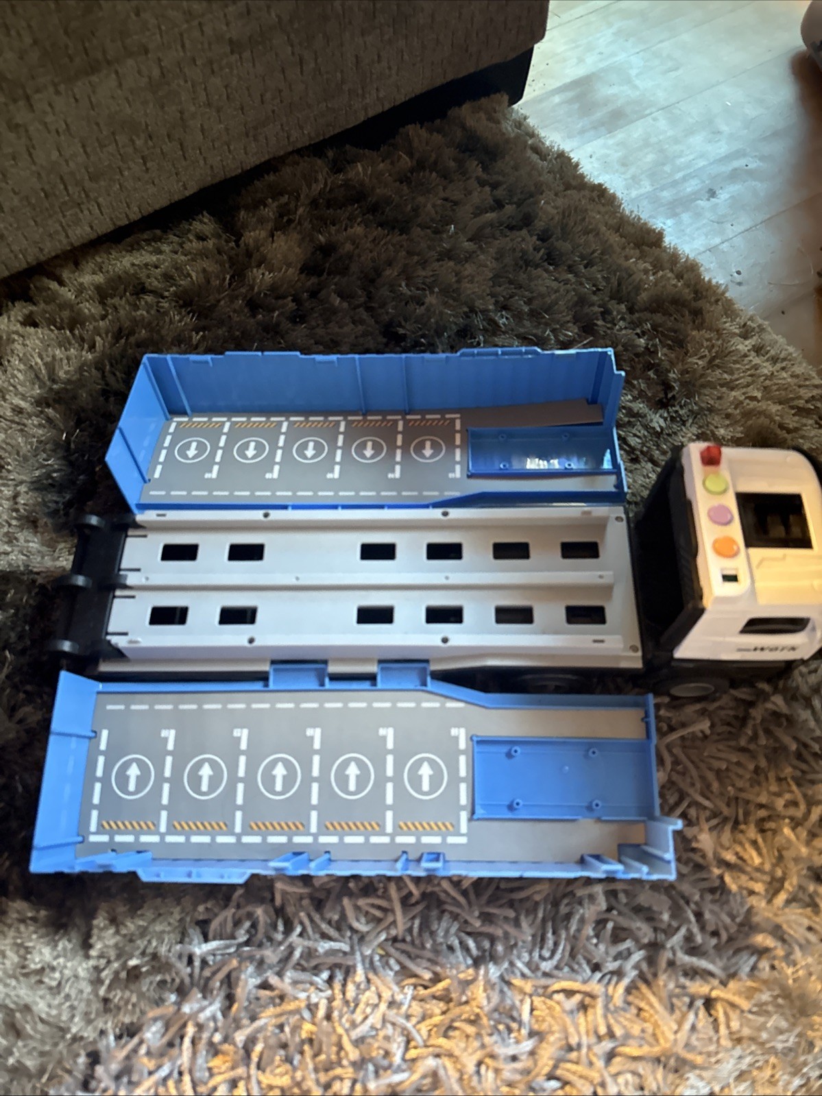 Toy Semi Truck, White And Blue, Missing Screw to Attach Ramp Piece