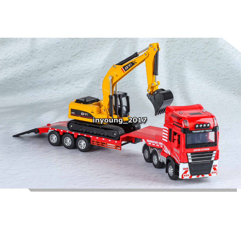 Flatbed Truck with Excavator Playset Diecast Toy Cars Toys for Boys Kids Red