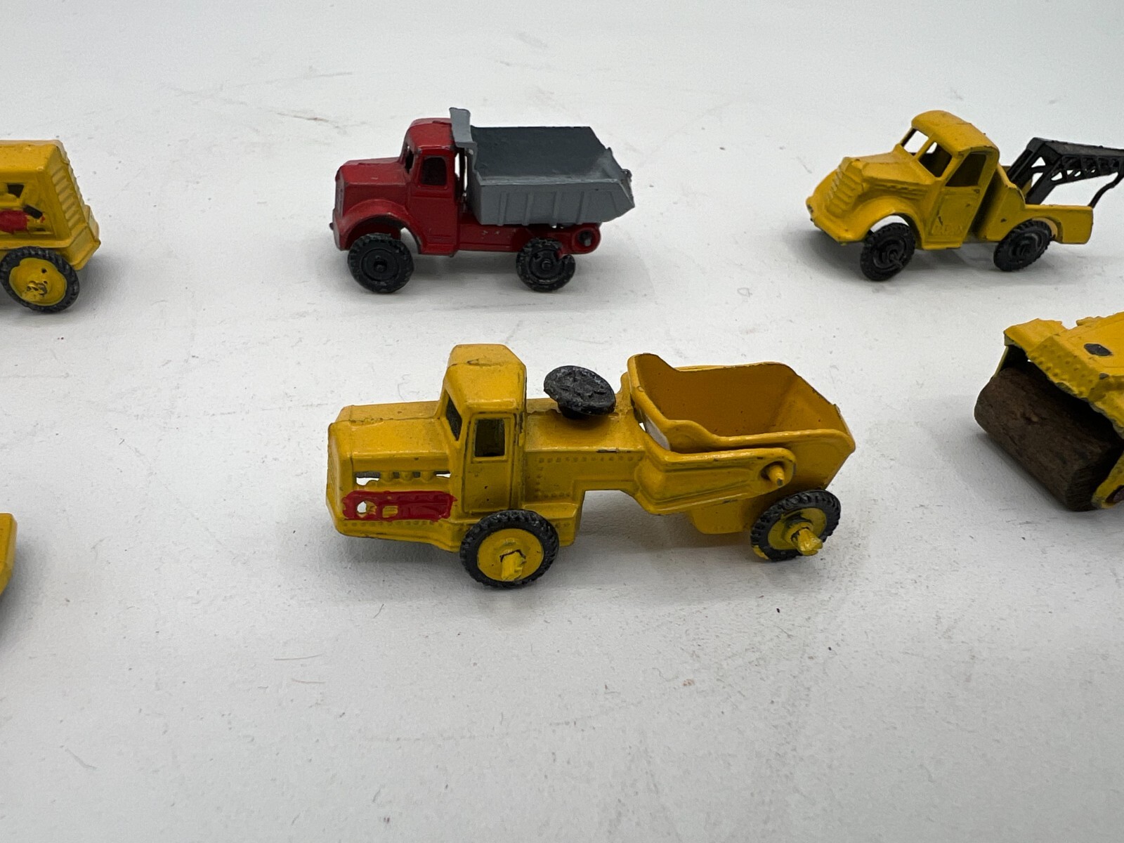 6 Vintage Diecast Road Work Toys Bull Dozer Tow Truck Grater Roller / Japan