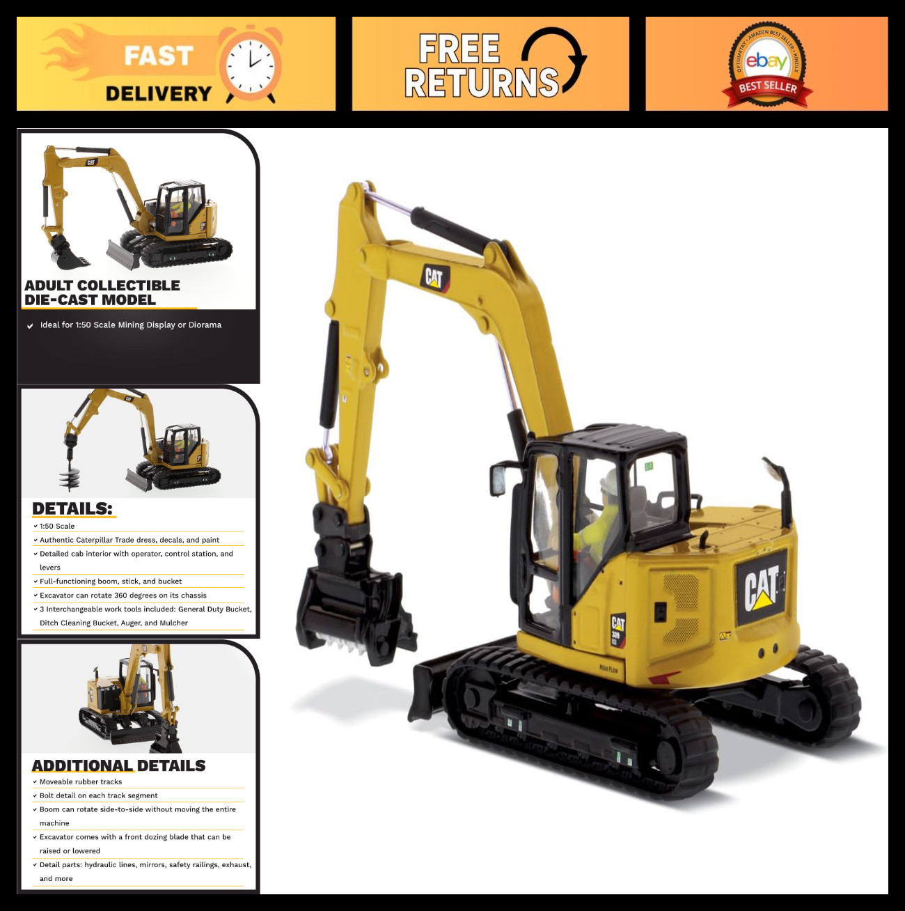 Mini Hydraulic Excavator 1/50 Diecast Model – CAT 309 CR, Work Tools, High Line