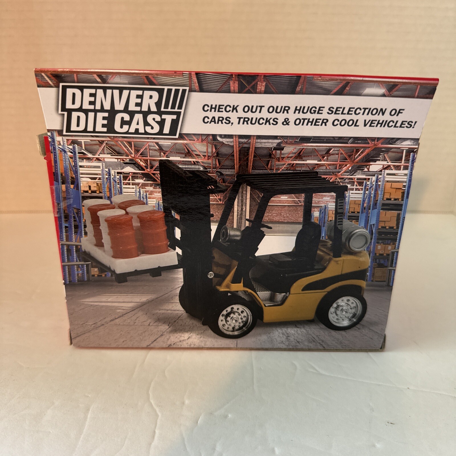 2018 Denver Diecast Forklift Yellow & Black With Pallet of Red & White Barrels