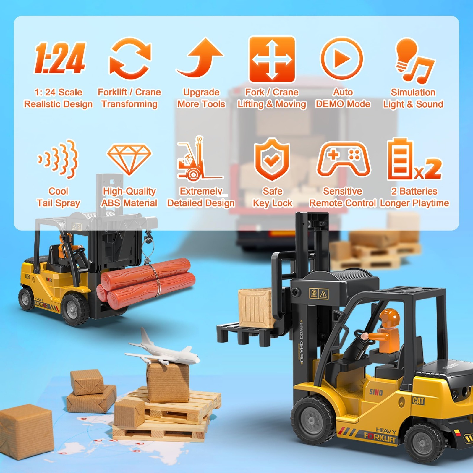 2-in-1 RC Forklift Truck Toy – Remote Control Lift & Hook, 11 Channels, Lights,