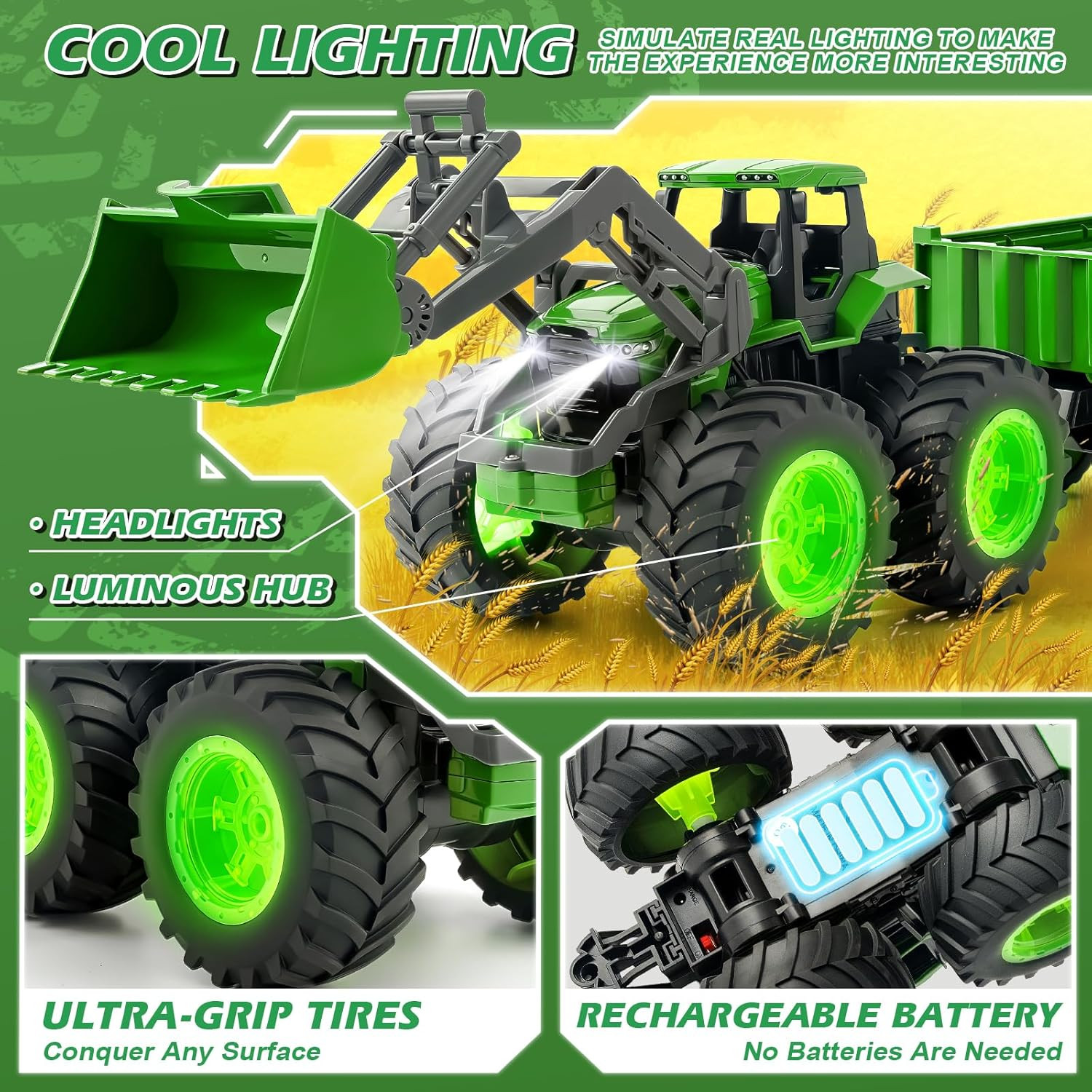 Remote Control Tractor Toy Set with Trailer & Farm Accessories, Light up Farm Tr
