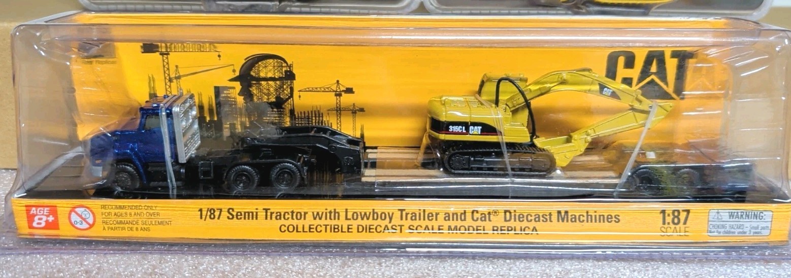 4 pc Diecast Masters Cat Grader Excavator & Blue Tractor Trailer 1:87 HO Scale