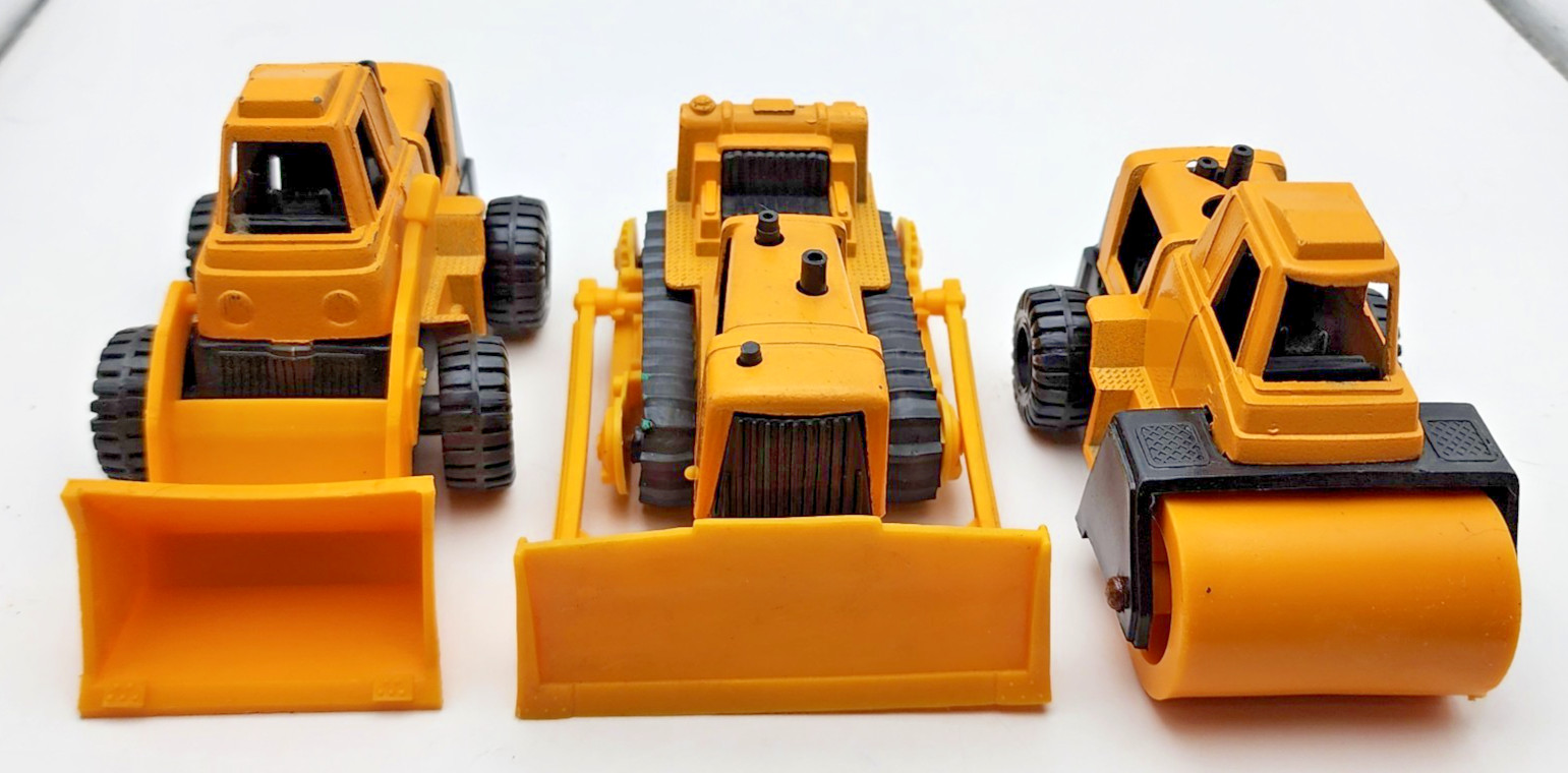 Vintage 1970 Tootsie Toy Dozer, Loader & Roller Construction Toys 4″ to 4.75″