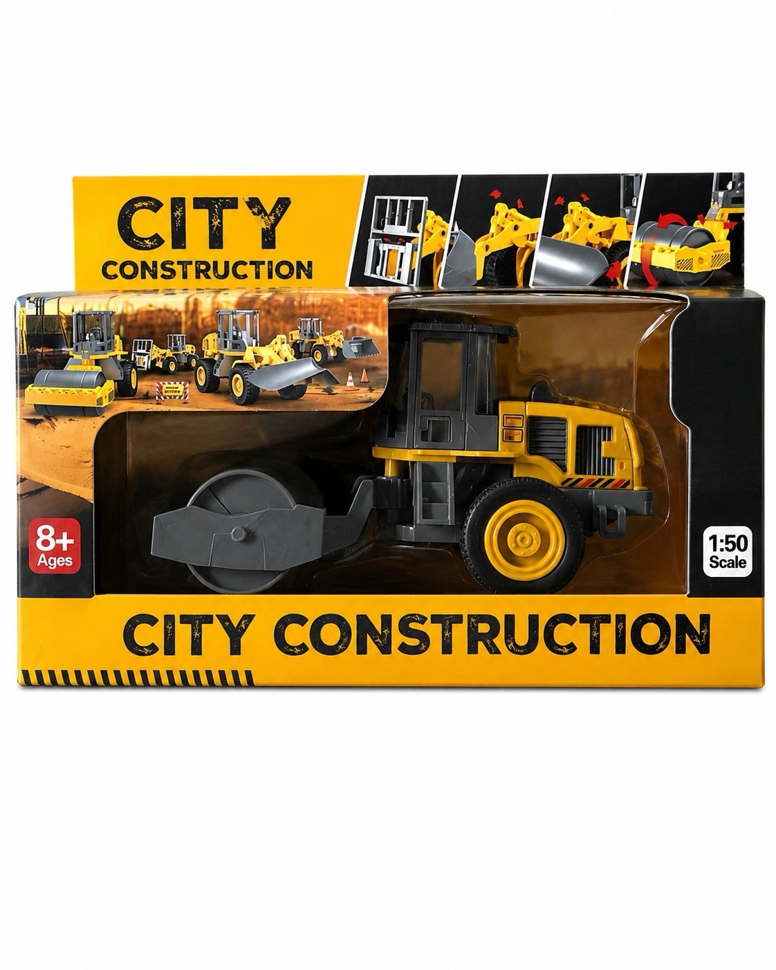 4PCS City Construction Vehicle Set 1:50 Scale Bulldozer Loader Road Roller Toy