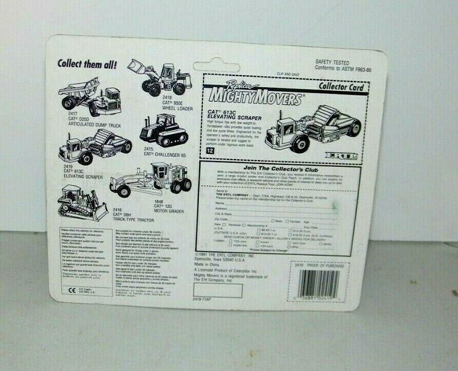 Ertl Vintage 1991 Mighty Movers Cat Caterpillar 1/64 -613C Elevating Scraper NEW