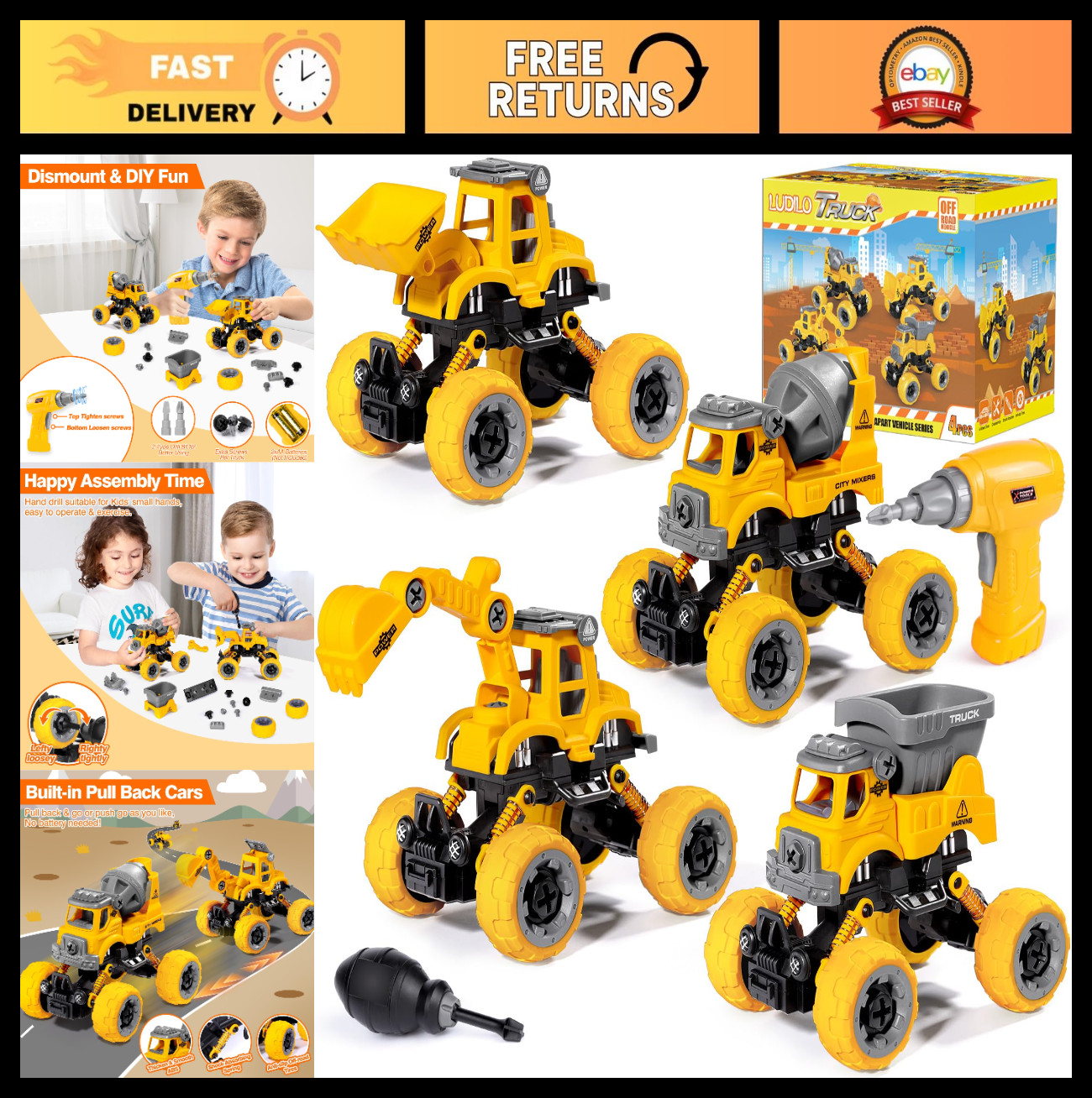 4PCS Take Apart Construction Truck Set with Electric Drill – STEM Learning Toys