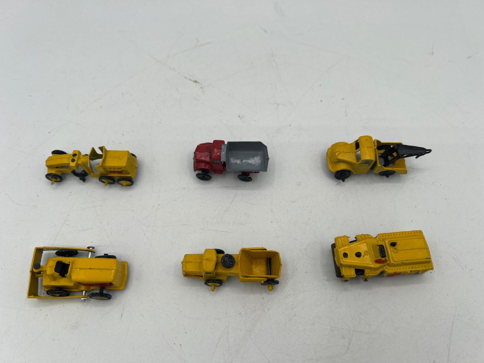 6 Vintage Diecast Road Work Toys Bull Dozer Tow Truck Grater Roller / Japan