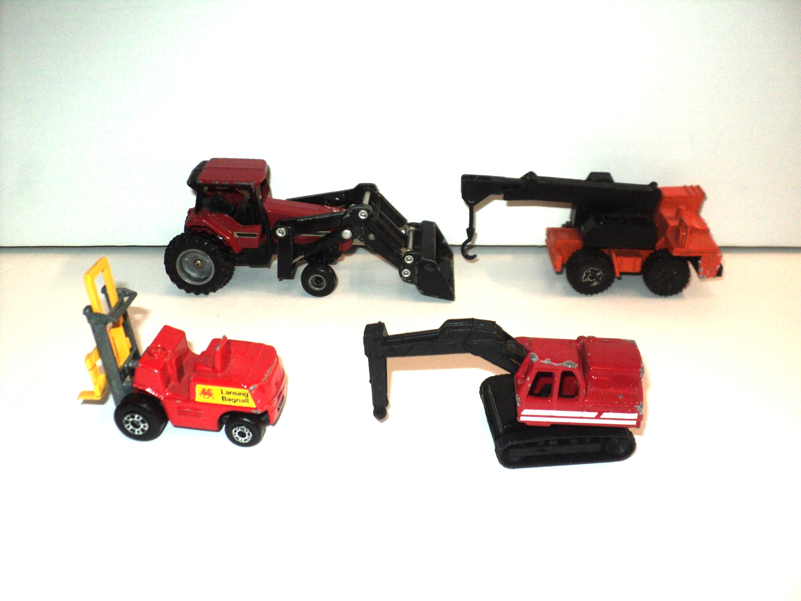 Lot of 4 Construction Vehicles Diecast Excavator, Fork Lift, Crane, Tractor Vtg
