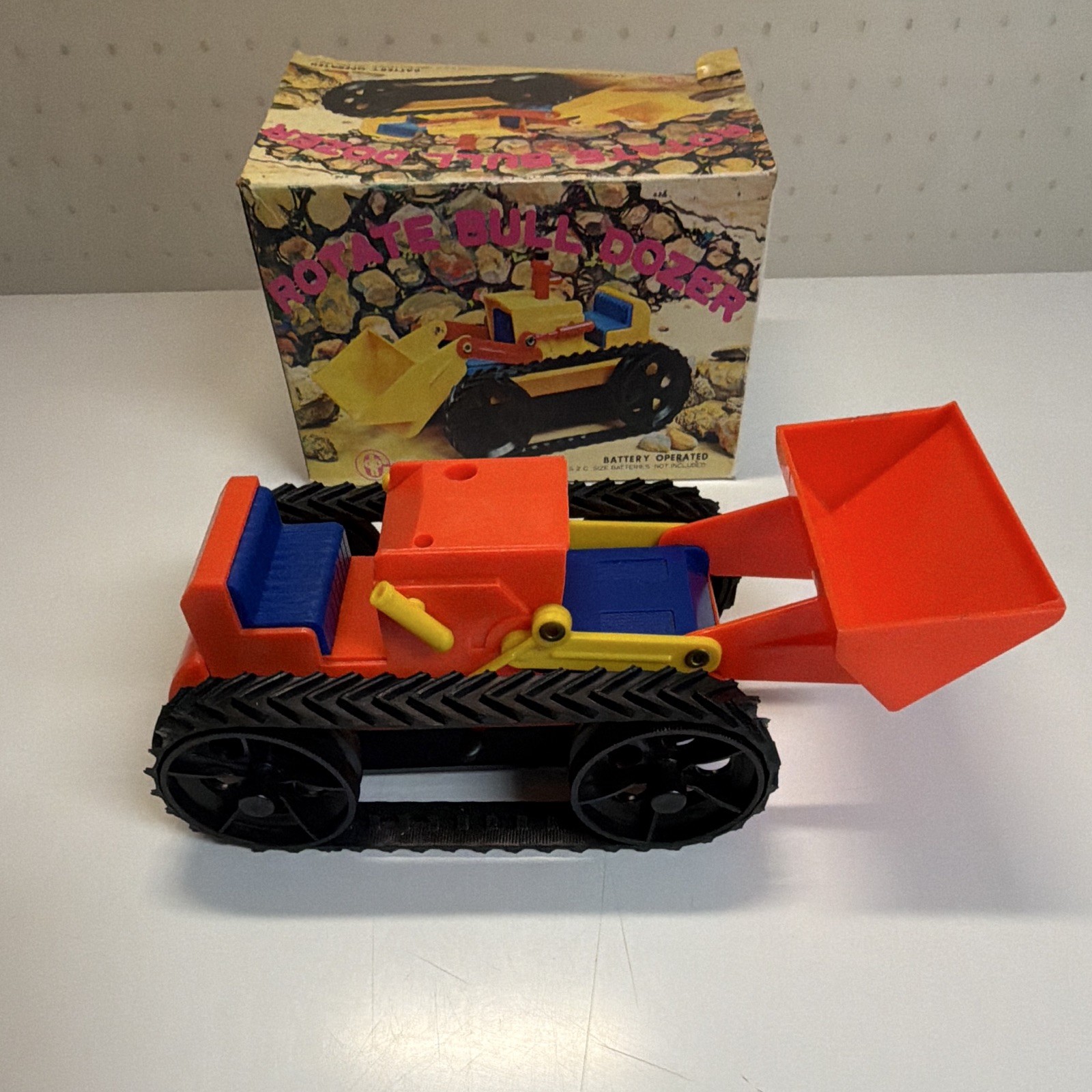 Battery Operated Plastic Toy Bulldozer, Boxed, Orange/Blue/Yellow/Black