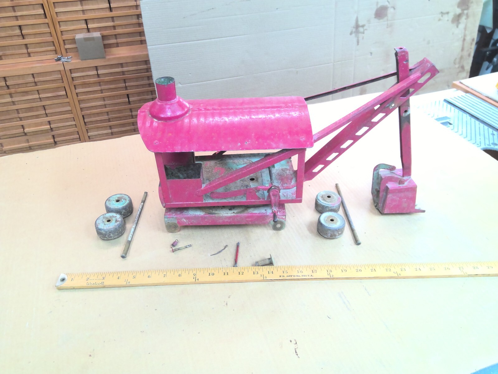 Vintage Red Keystone Ride ‘Em Pressed Steel Steam Shovel Toy 1930s