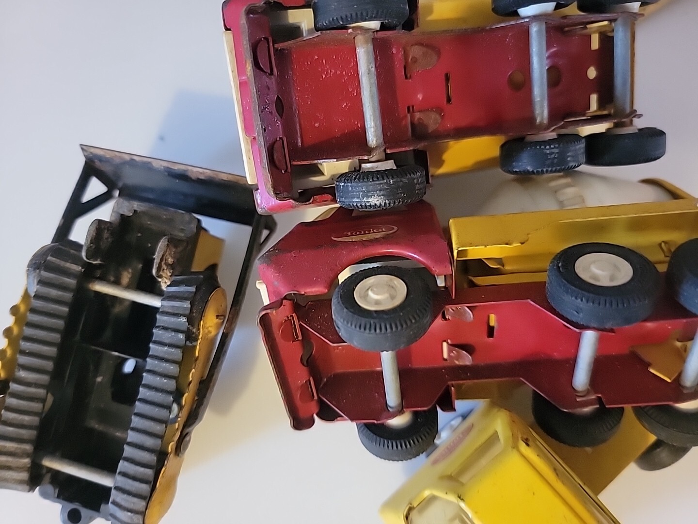 TONKA Vintage Set of Toy Metal Trucks, Cement, Dump,Carrier Bulldozer,Red Yellow
