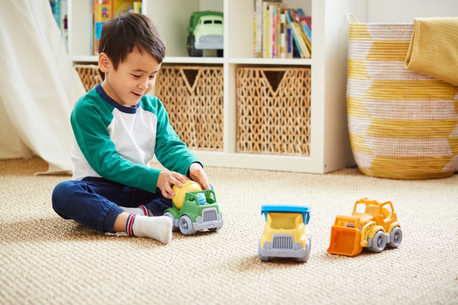 Eco-Friendly Construction Vehicle Set – Scooper, Dumper, Mixer & Character – 3 P