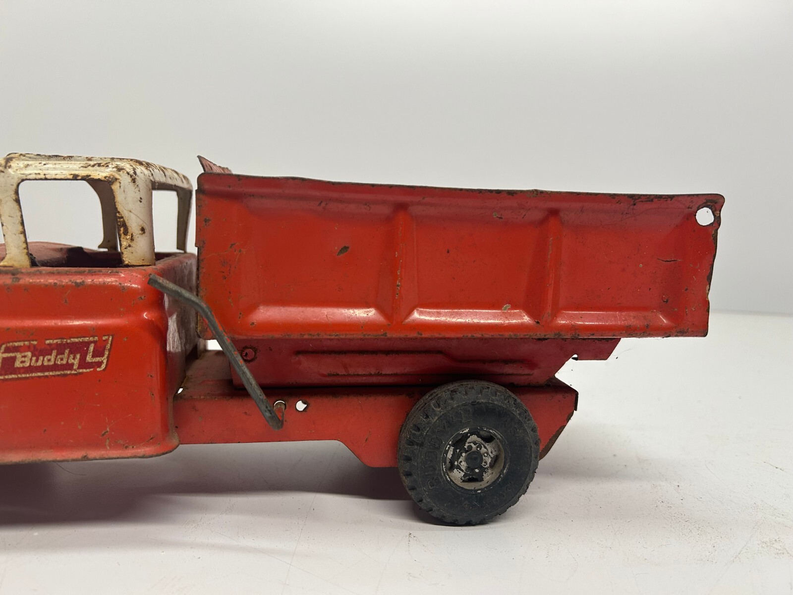 Vtg Buddy L c1960s Dump Truck Pressed Steel Toy Car Red 15″