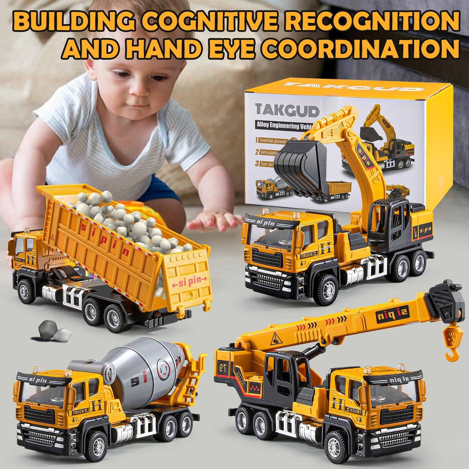 4 Packs Metal Construction Trucks Playsets, Mini Friction Powered Engineering…