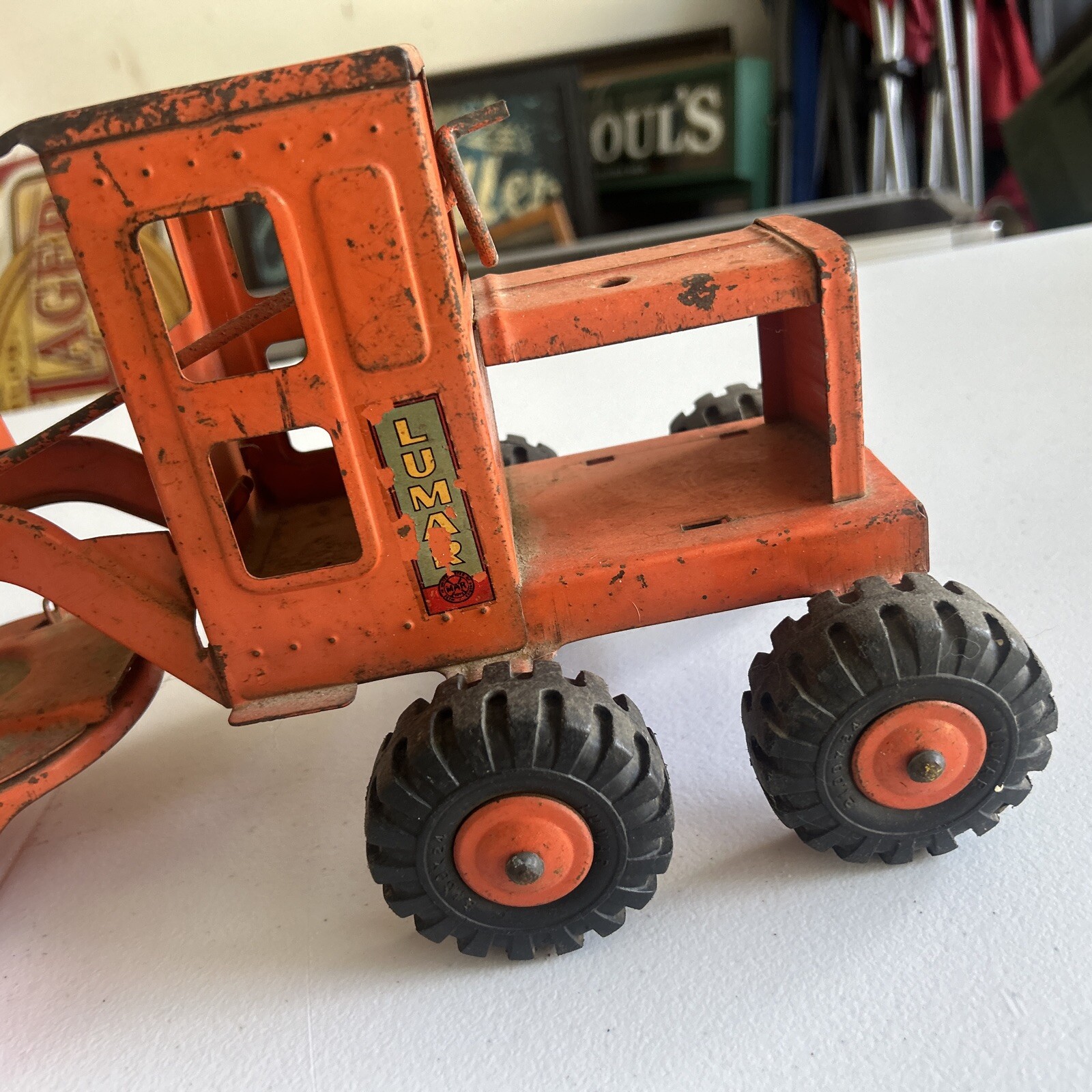 Vintage Marx 1950s Orange Lumar Power Road Grader Pressed Steel Toy USA NICE